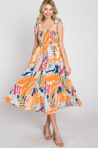 Blue Multi-Colored Stroke Print Smocked Midi Dress sold by Pinkblush