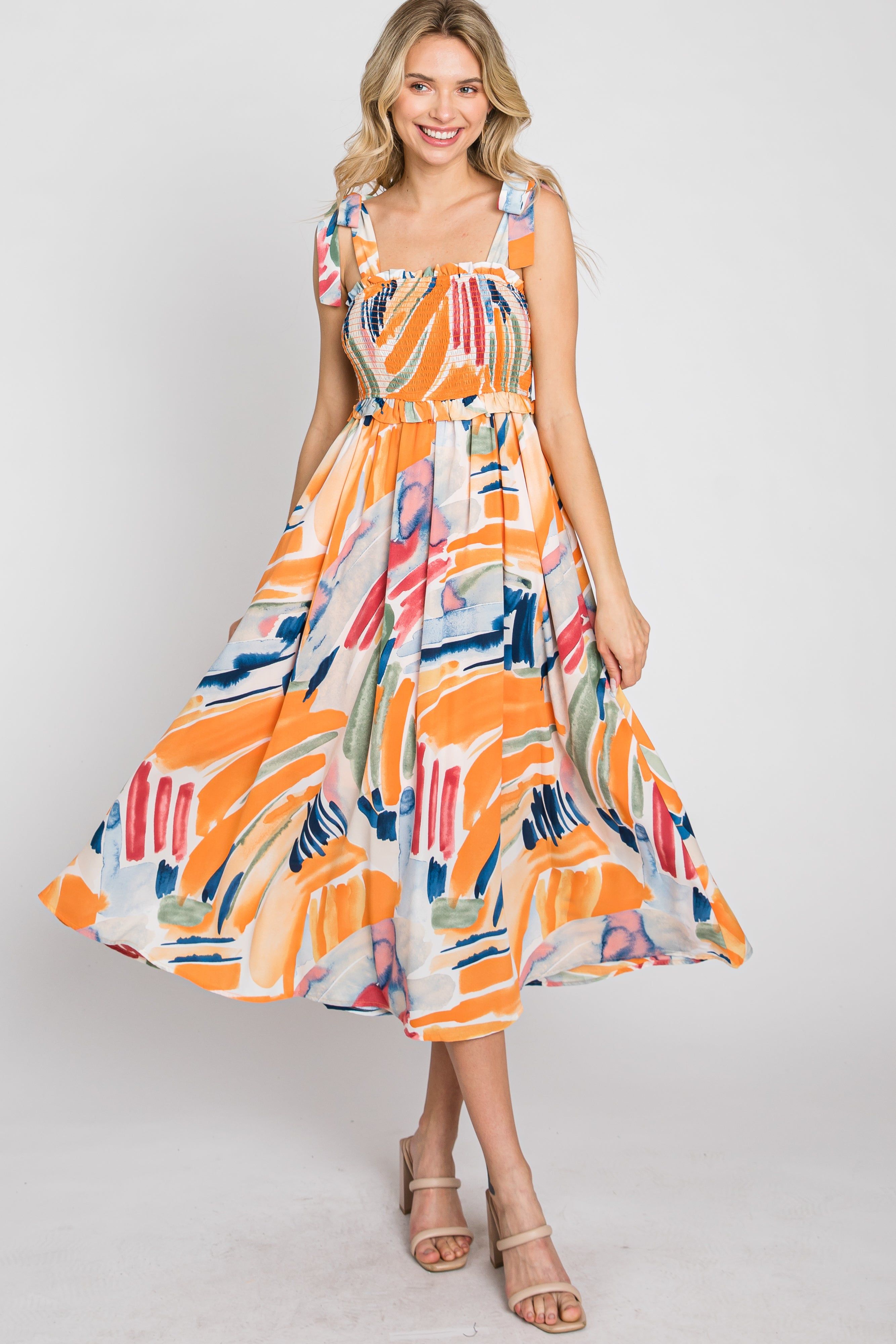 Blue Multi-Colored Stroke Print Smocked Midi Dress sold by Pinkblush product image thumbnail 3