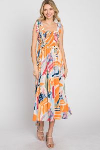 Blue Multi-Colored Stroke Print Smocked Midi Dress sold by Pinkblush