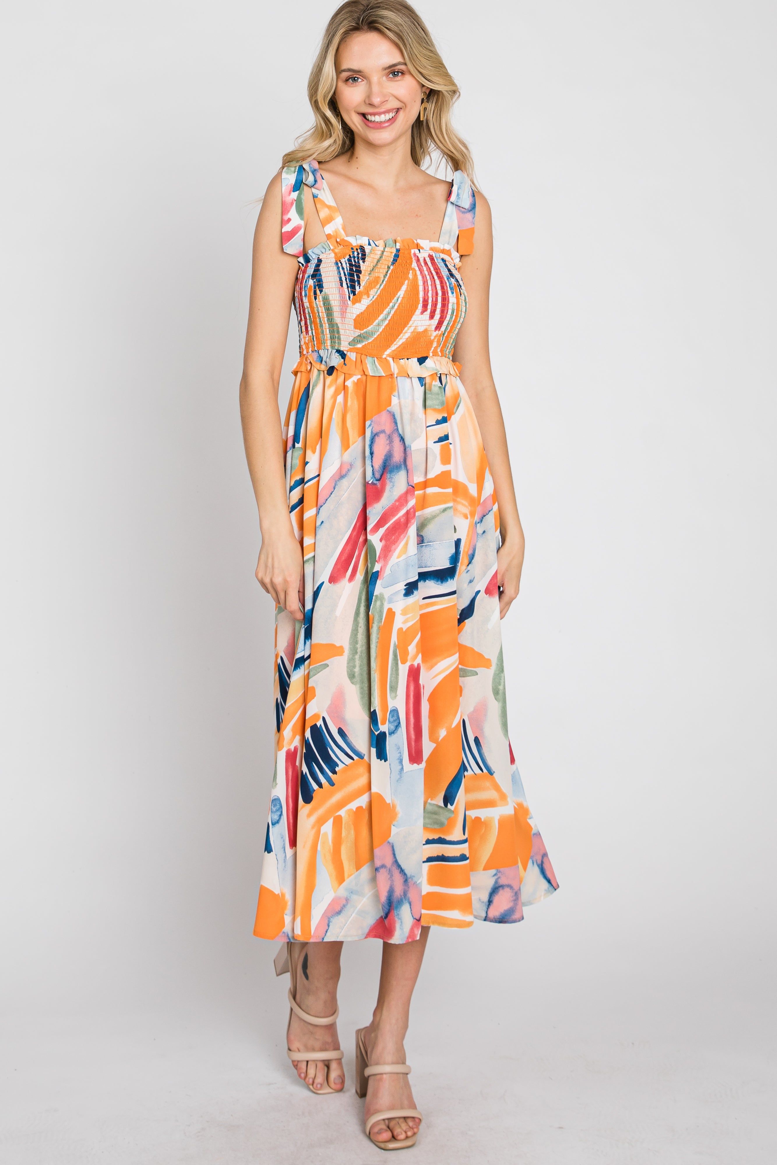 Blue Multi-Colored Stroke Print Smocked Midi Dress sold by Pinkblush product image thumbnail 2