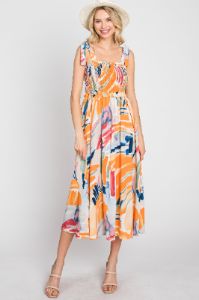 Blue Multi-Colored Stroke Print Smocked Midi Dress sold by Pinkblush