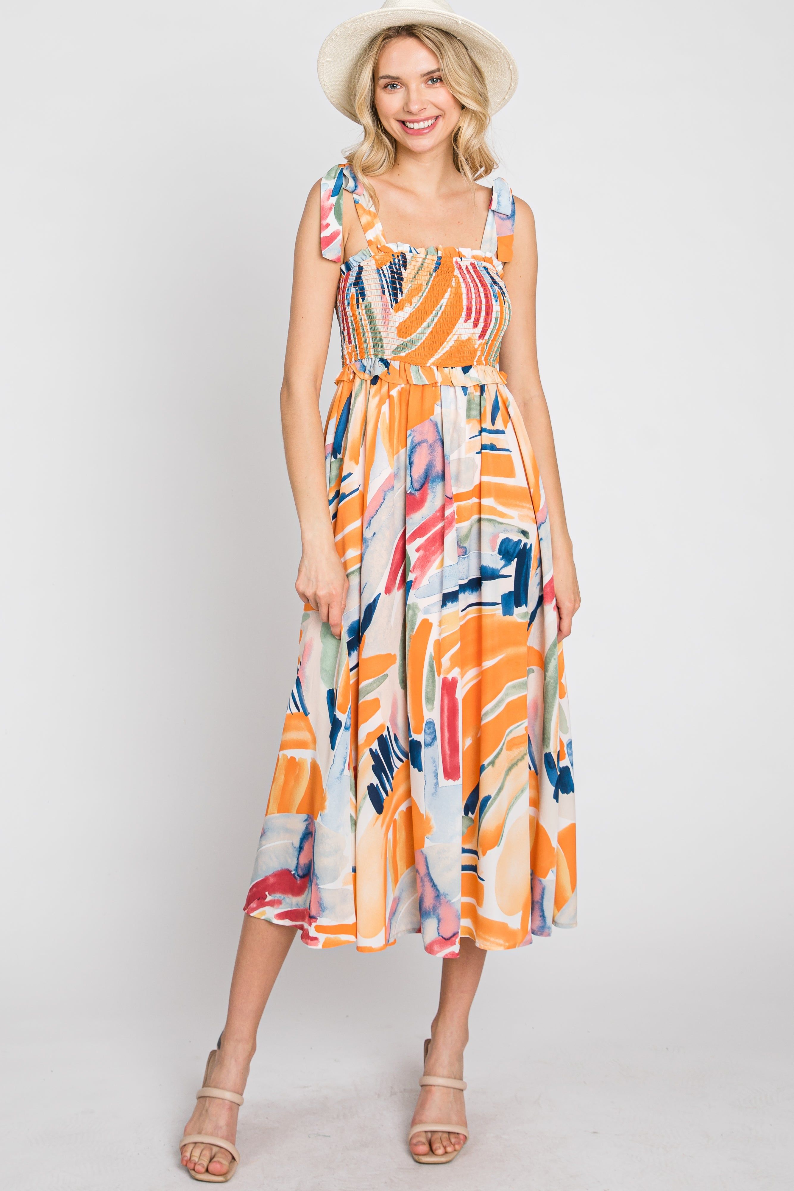 Blue Multi-Colored Stroke Print Smocked Midi Dress sold by Pinkblush