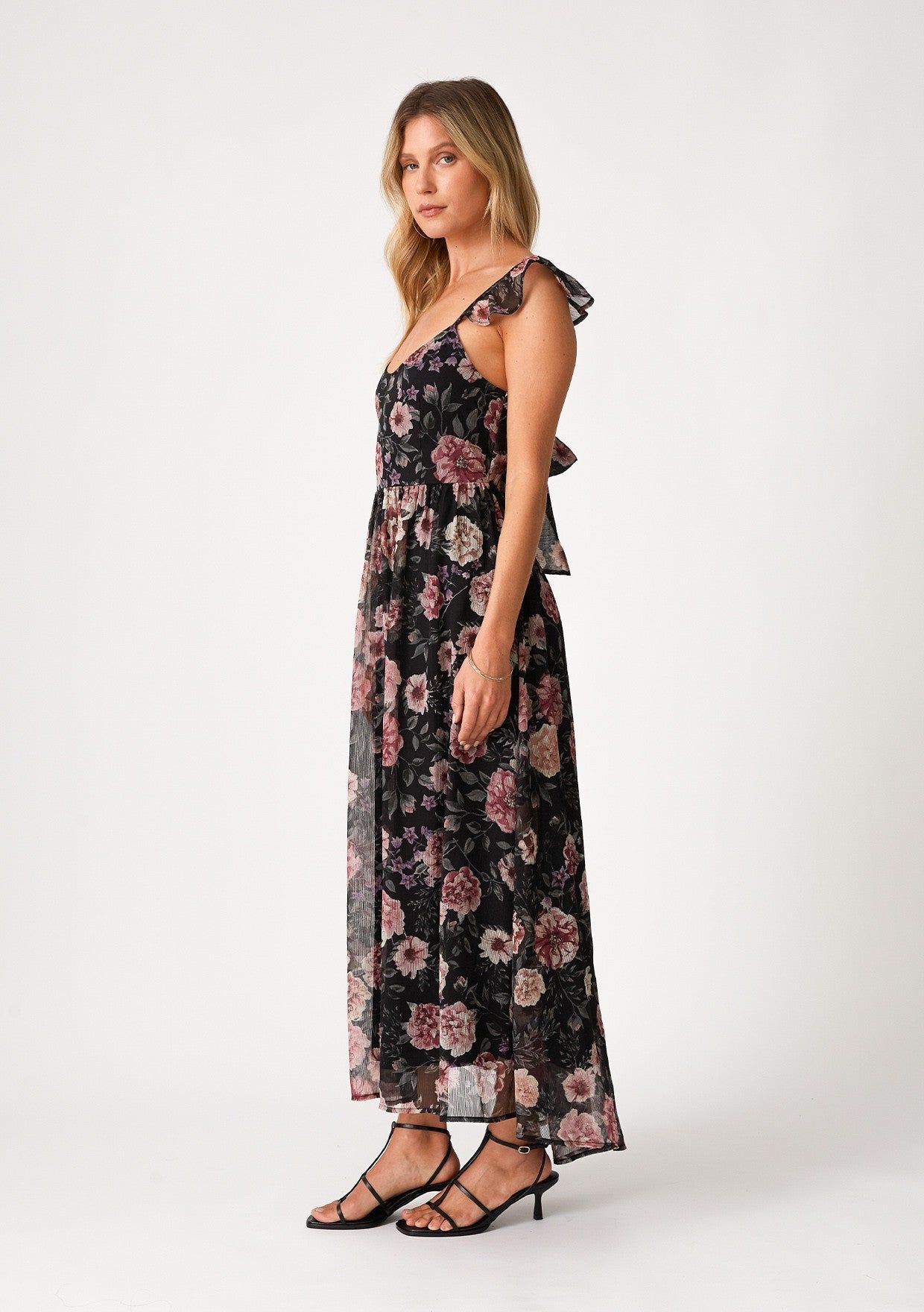 Black Floral Chiffon Back Tie Maxi Dress sold by Pinkblush product image thumbnail 2