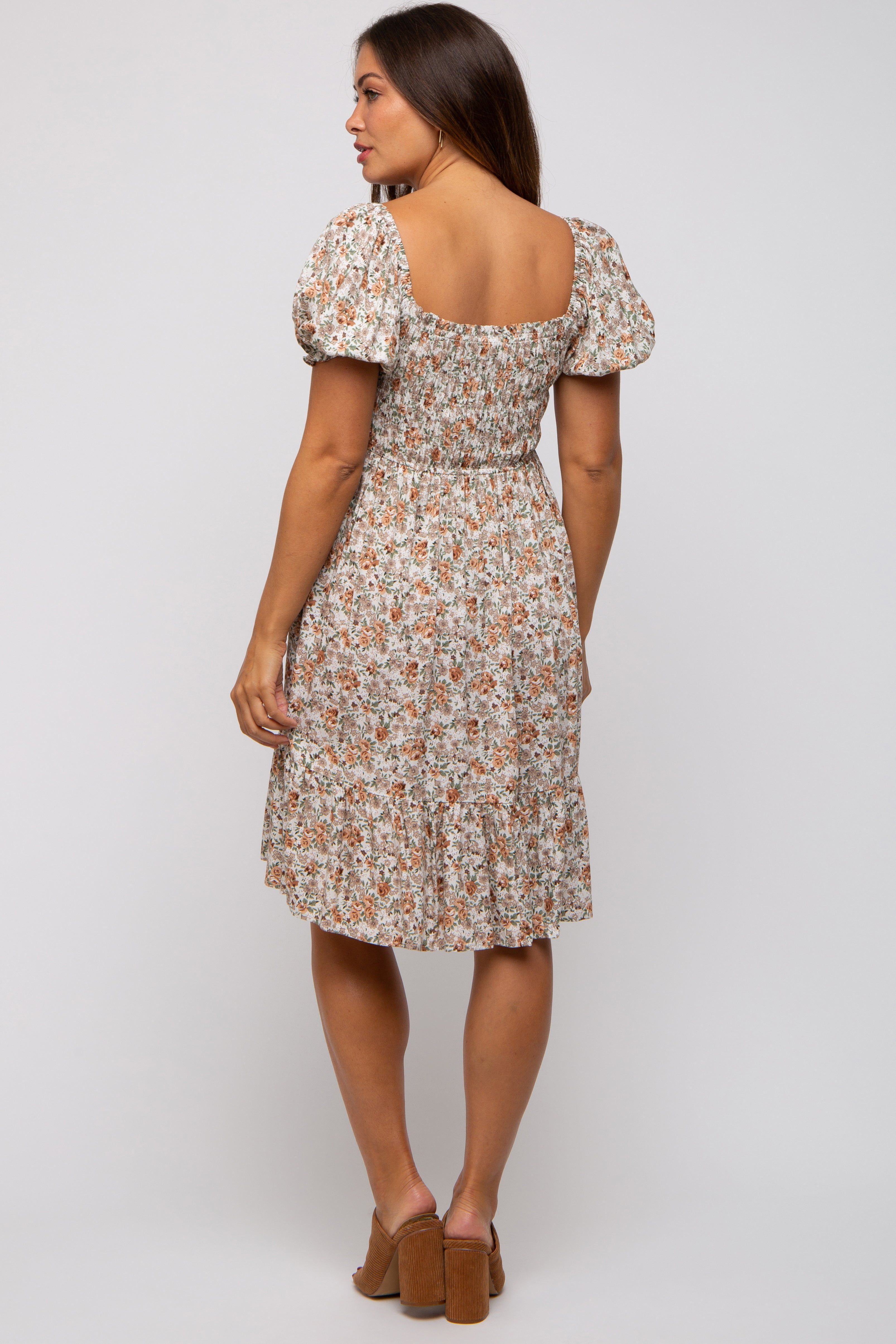 Taupe Floral Smocked Square Neck Short Sleeve Maternity Dress sold by Pinkblush product image thumbnail 5