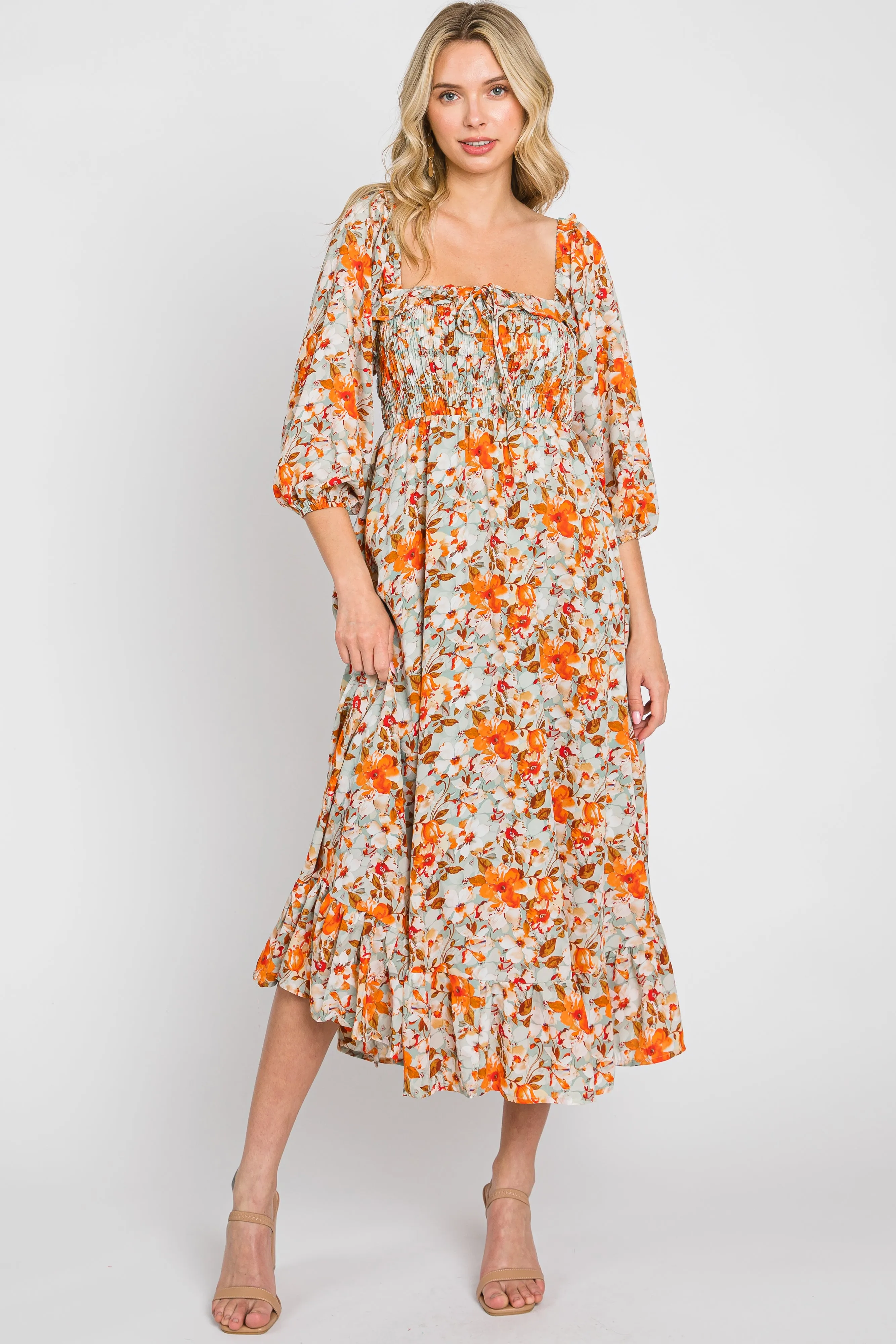 Light Blue Floral Ruffle Square Neck Smocked Front Tie Maternity Midi Dress sold by Pinkblush product image thumbnail 5