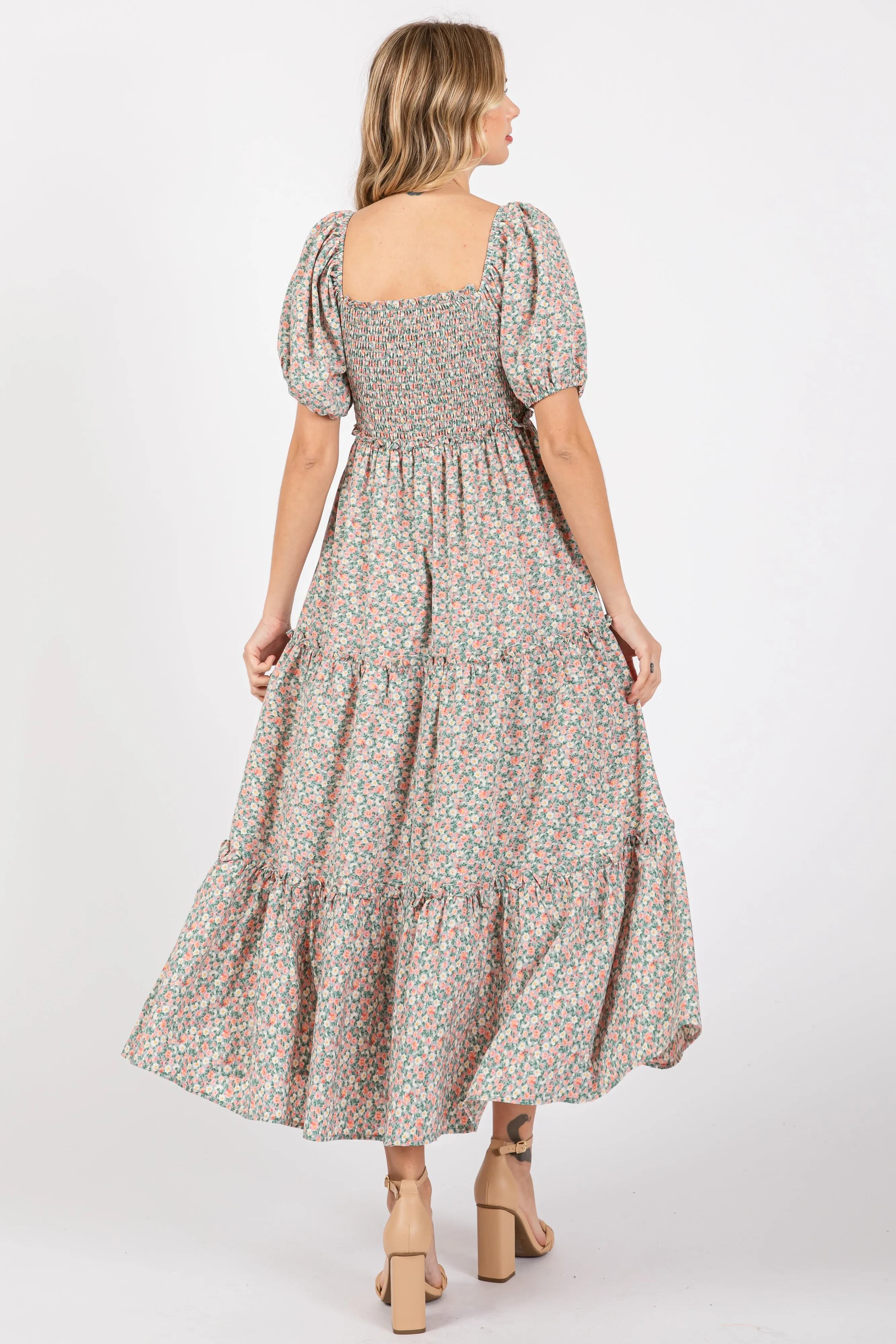 Mint Floral Smocked Tiered Puff Sleeve Maxi Dress sold by Pinkblush product image thumbnail 3