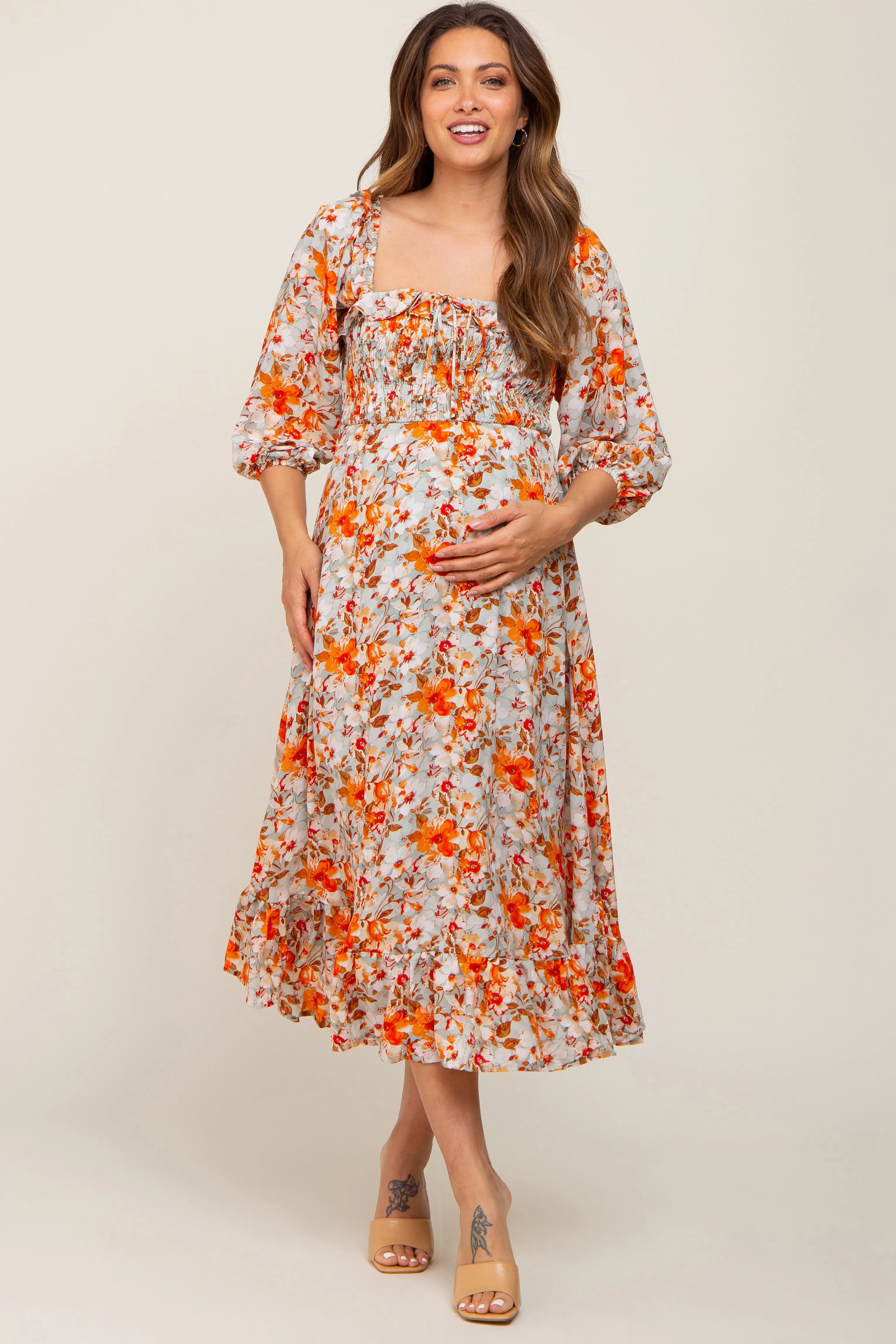 Light Blue Floral Ruffle Square Neck Smocked Front Tie Maternity Midi Dress sold by Pinkblush product image thumbnail 2