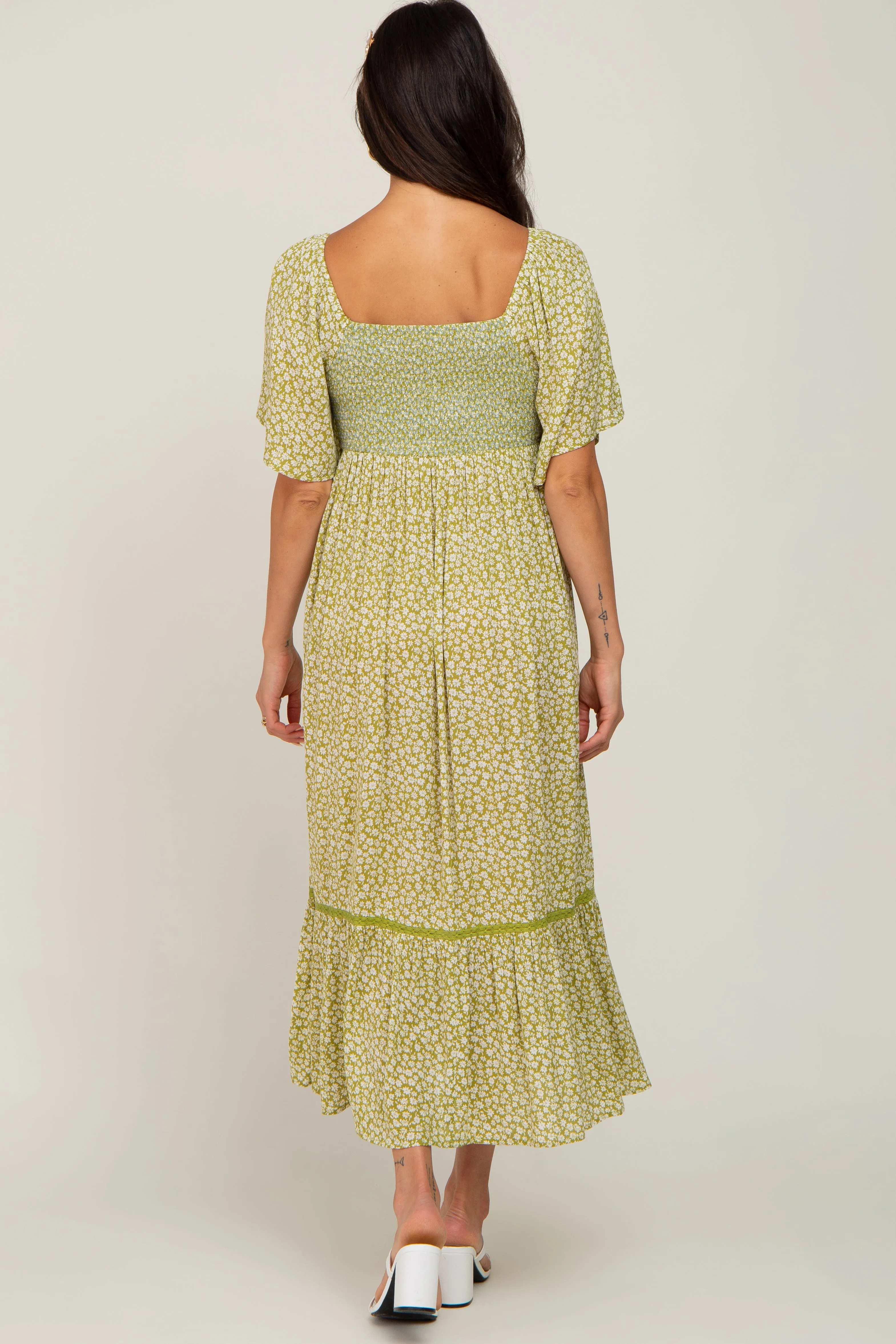 Light Olive Floral Square Neck Smocked Button Front Midi Dress sold by Pinkblush product image thumbnail 3