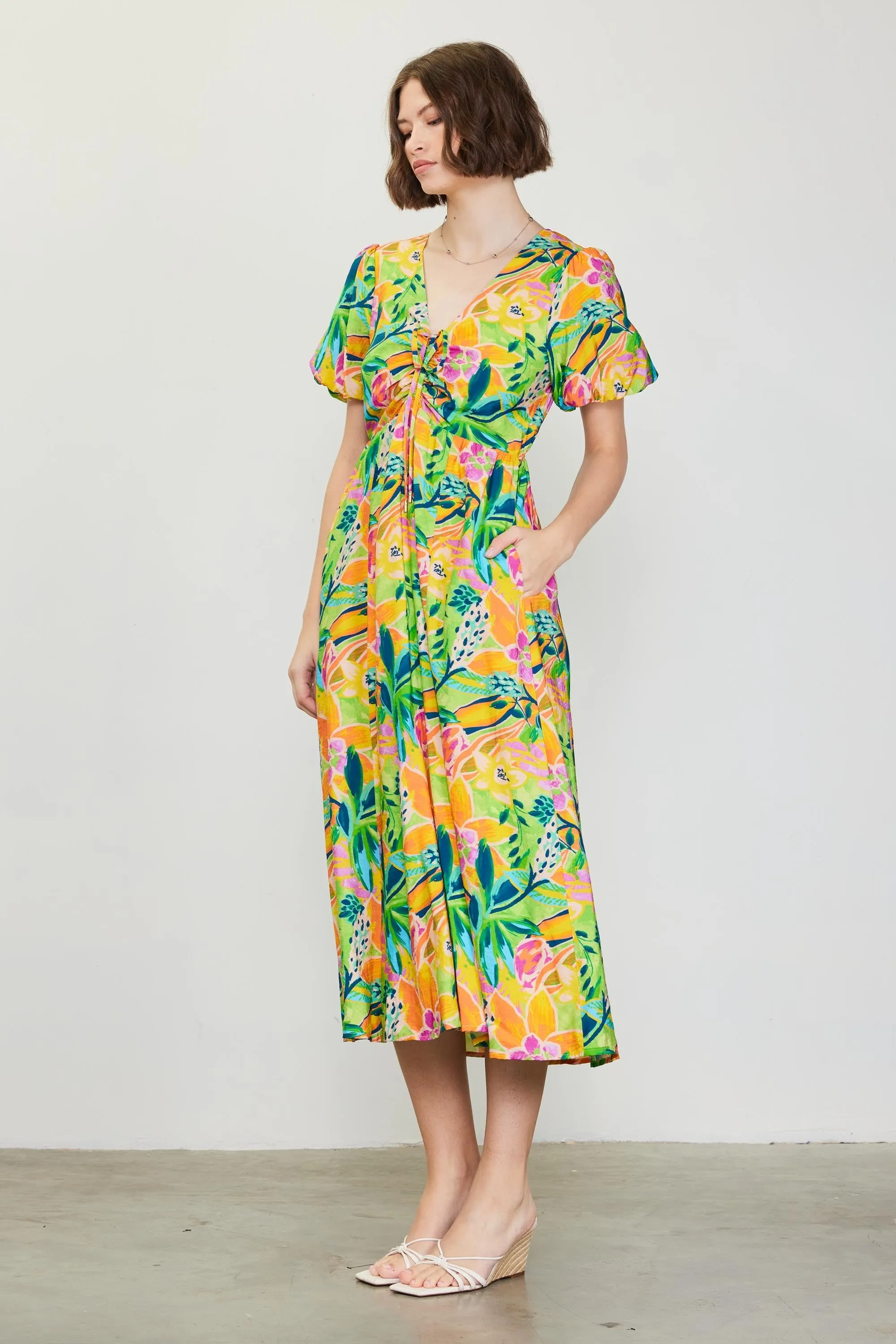 Lime Floral Puff Sleeve Midi Dress sold by Pinkblush product image thumbnail 2