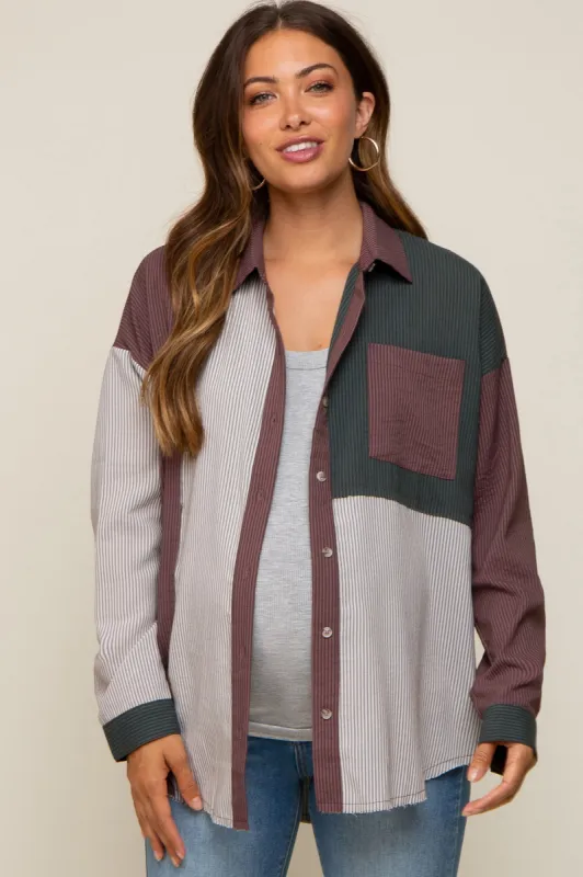 Multi-Color Striped Color Blocked Button-Down Maternity Top sold by Pinkblush