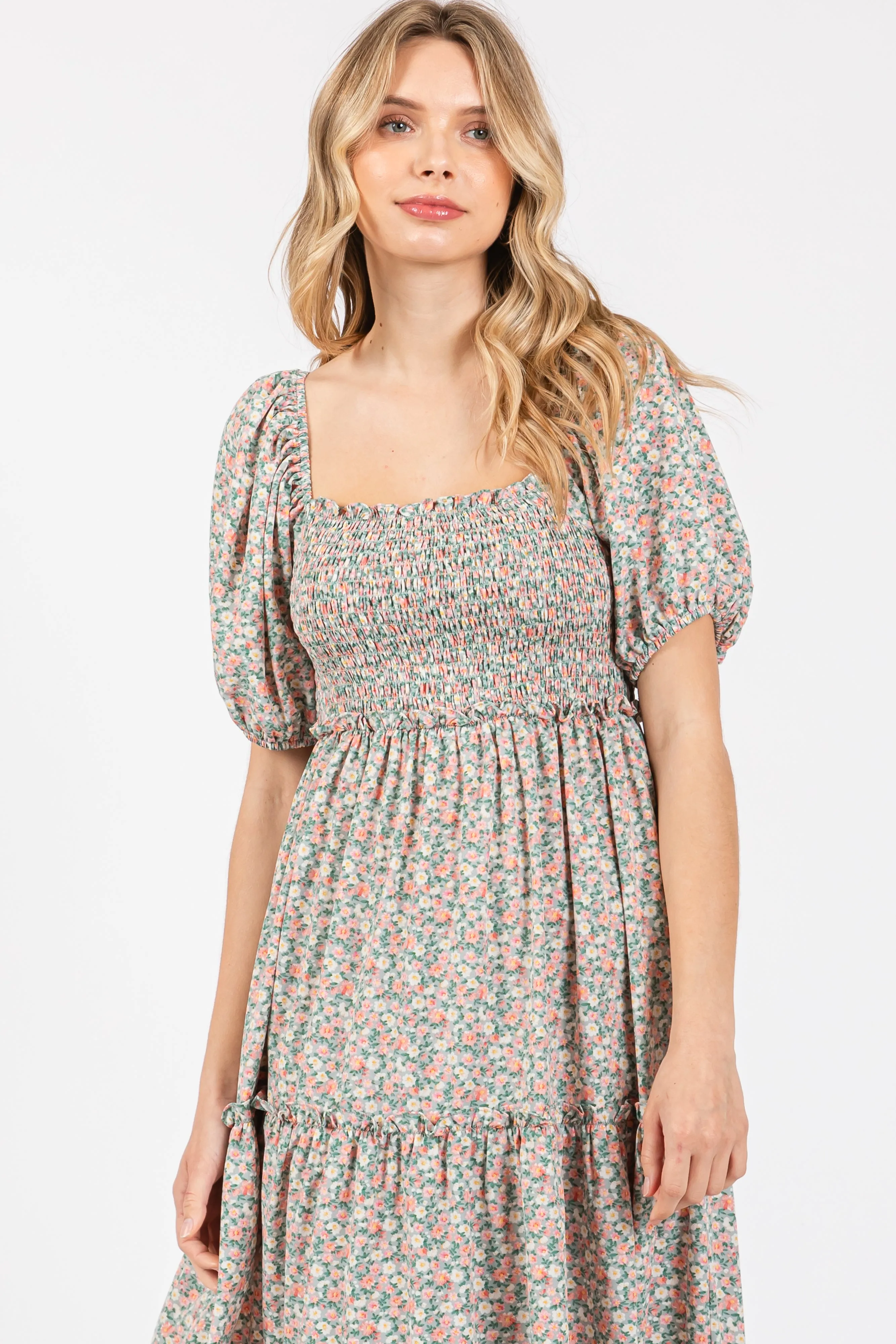 Mint Floral Smocked Tiered Puff Sleeve Maxi Dress sold by Pinkblush product image thumbnail 4
