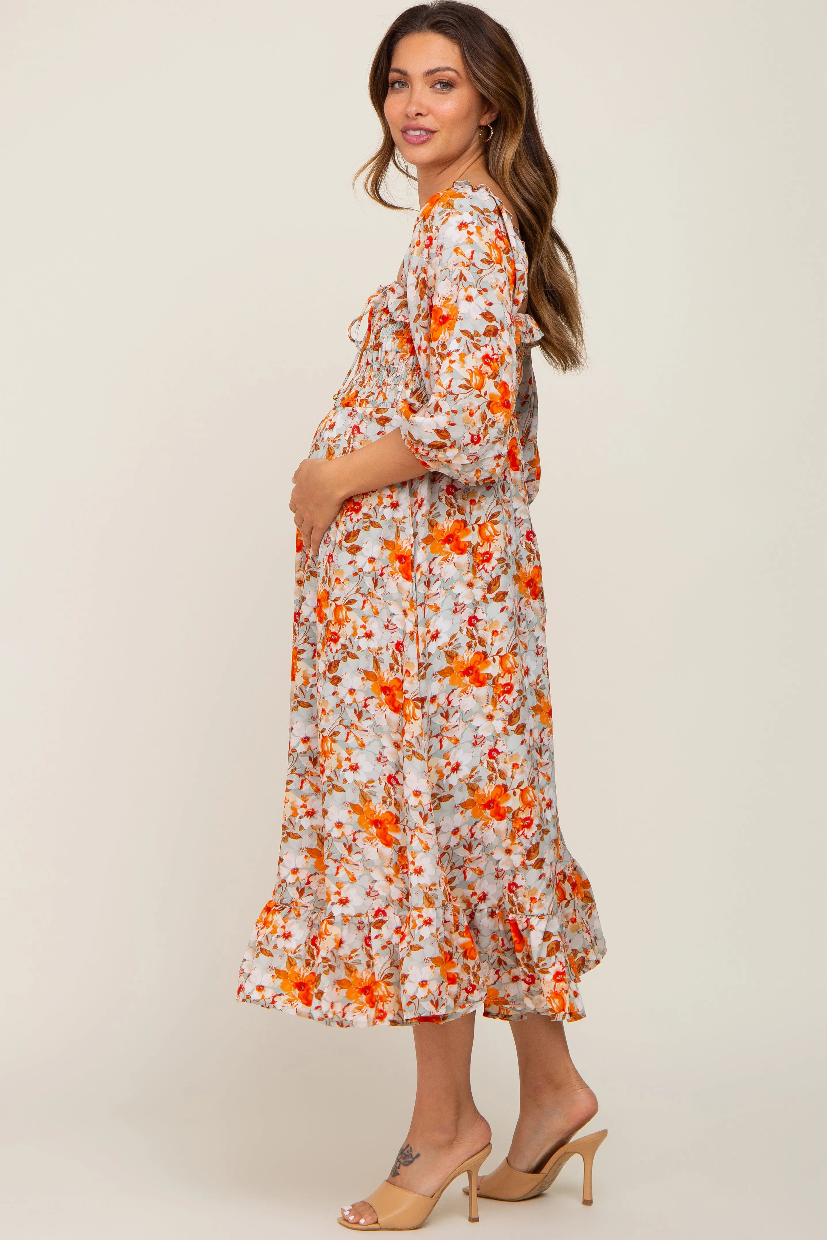 Light Blue Floral Ruffle Square Neck Smocked Front Tie Maternity Midi Dress sold by Pinkblush product image thumbnail 3