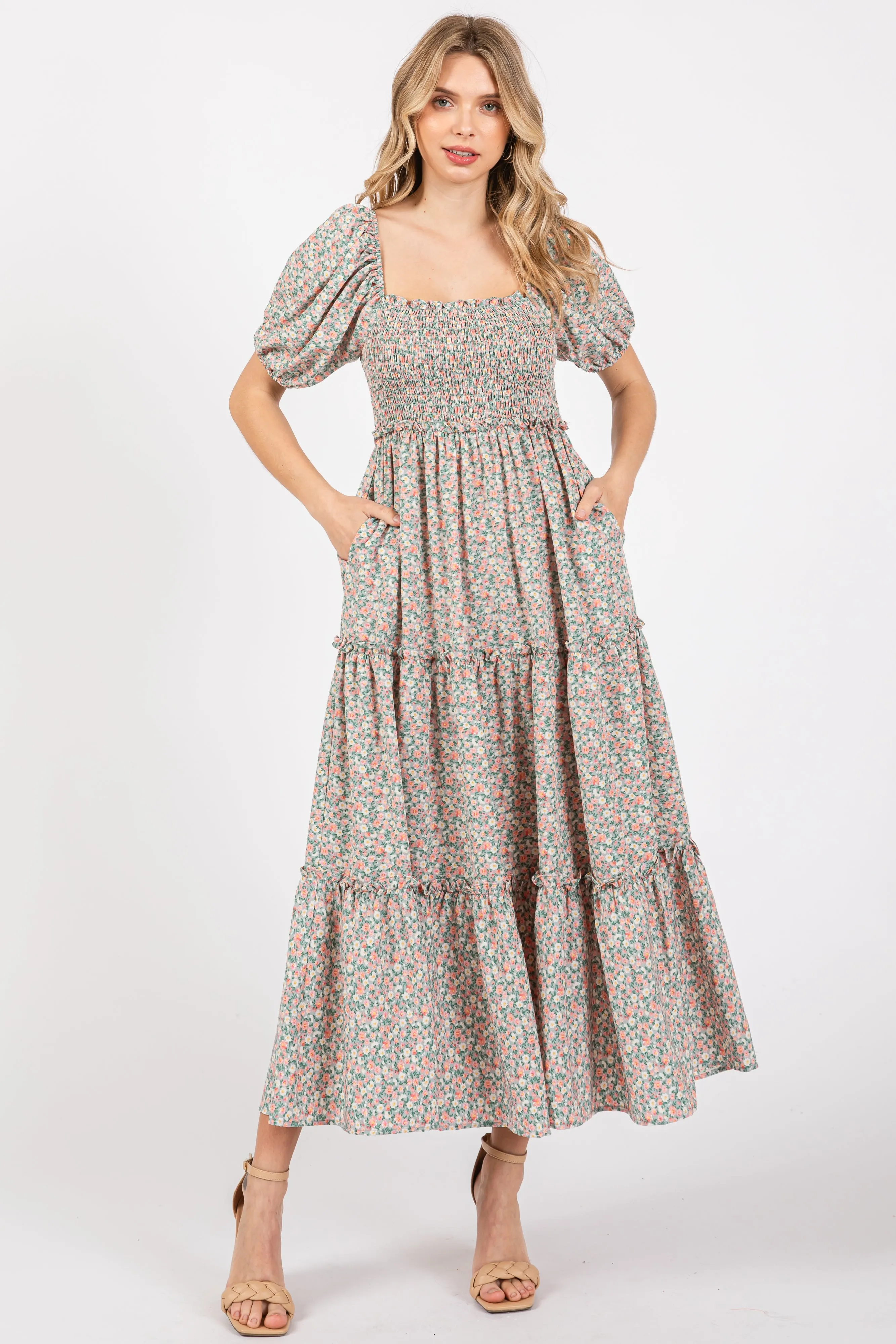 Mint Floral Smocked Tiered Puff Sleeve Maxi Dress sold by Pinkblush