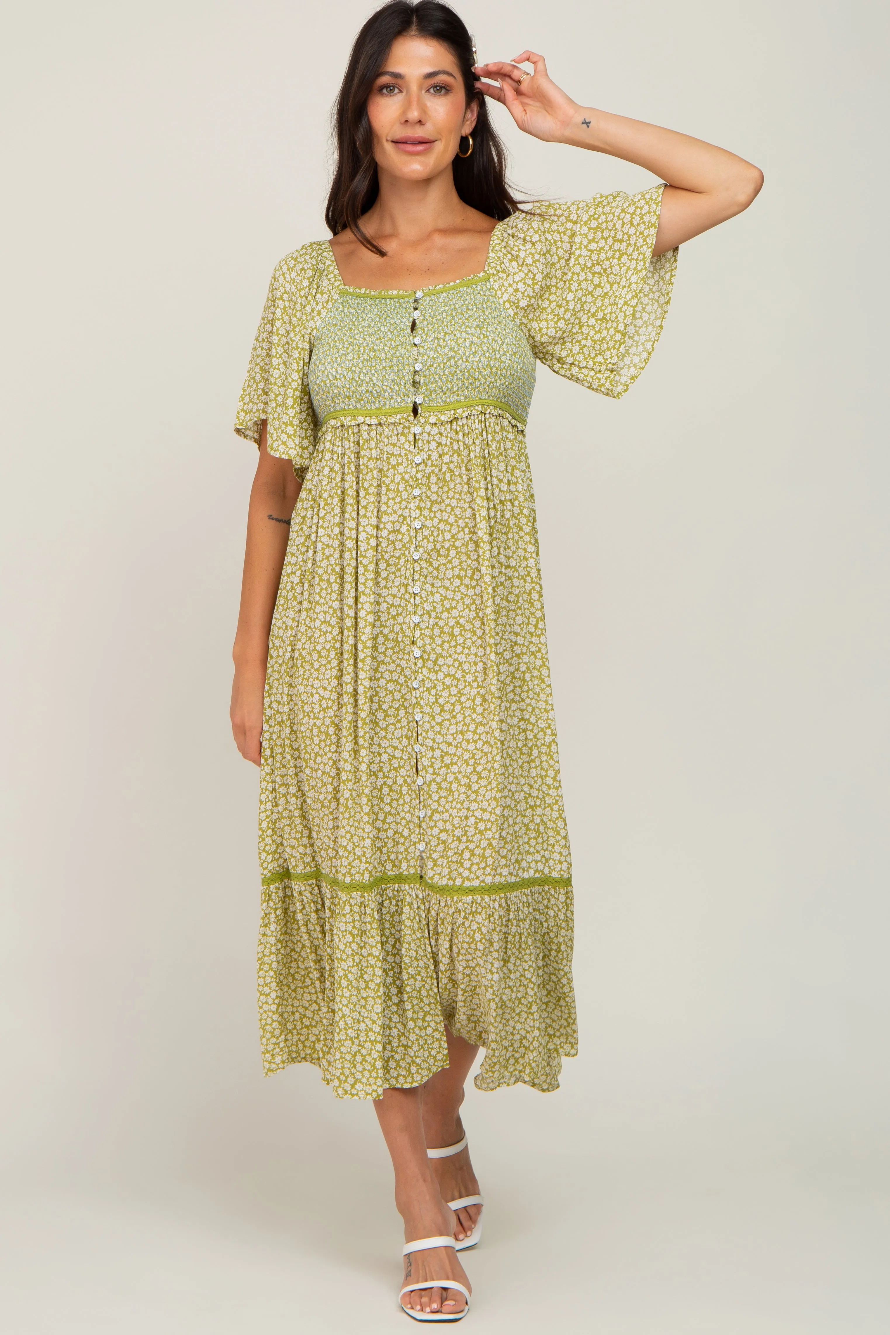Light Olive Floral Square Neck Smocked Button Front Midi Dress sold by Pinkblush product image thumbnail 4