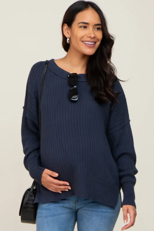 Navy Blue Ribbed Maternity Sweater sold by Pinkblush