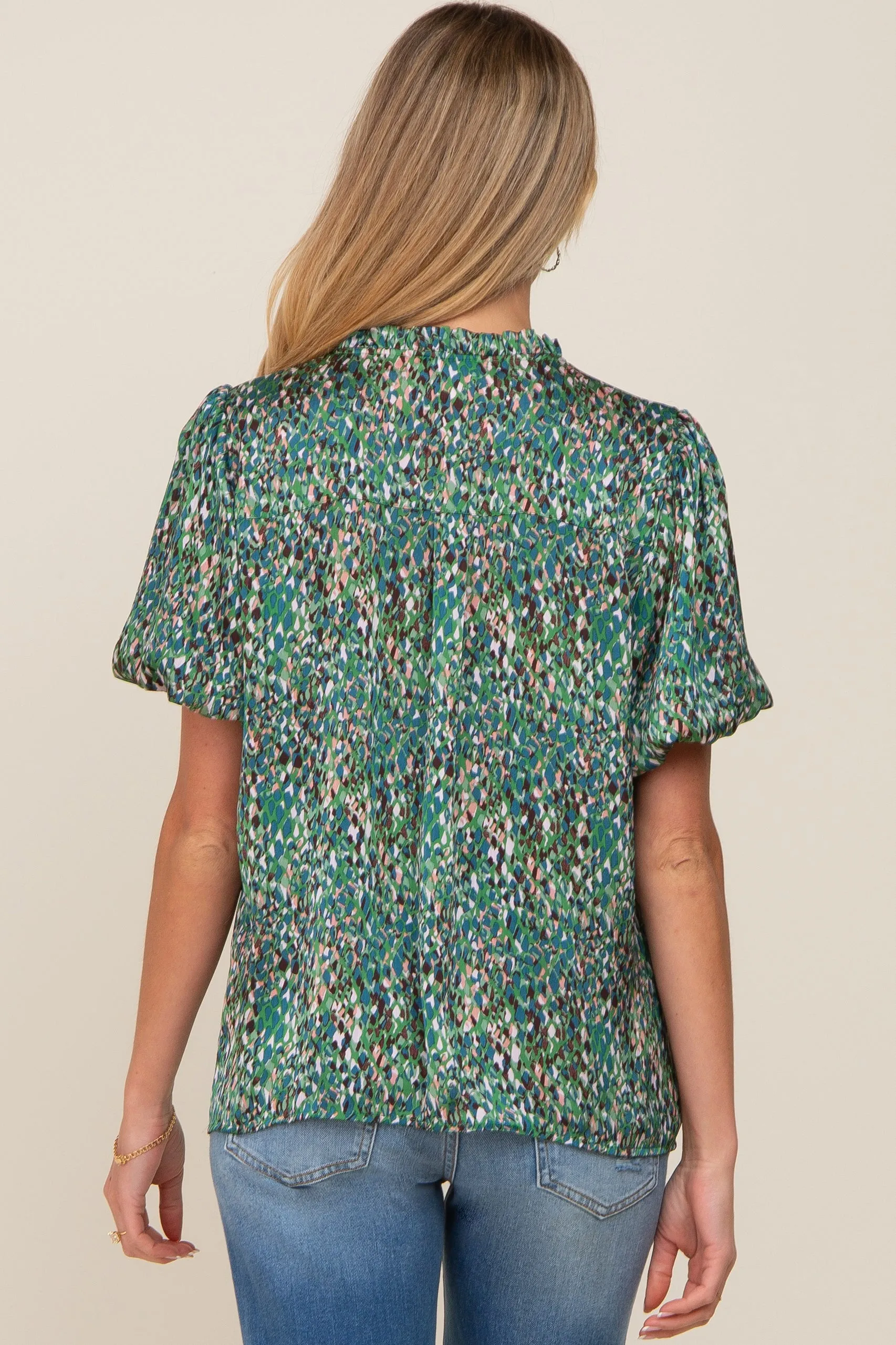 Green Printed Front Tie Puff Sleeve Maternity Blouse sold by Pinkblush product image thumbnail 3