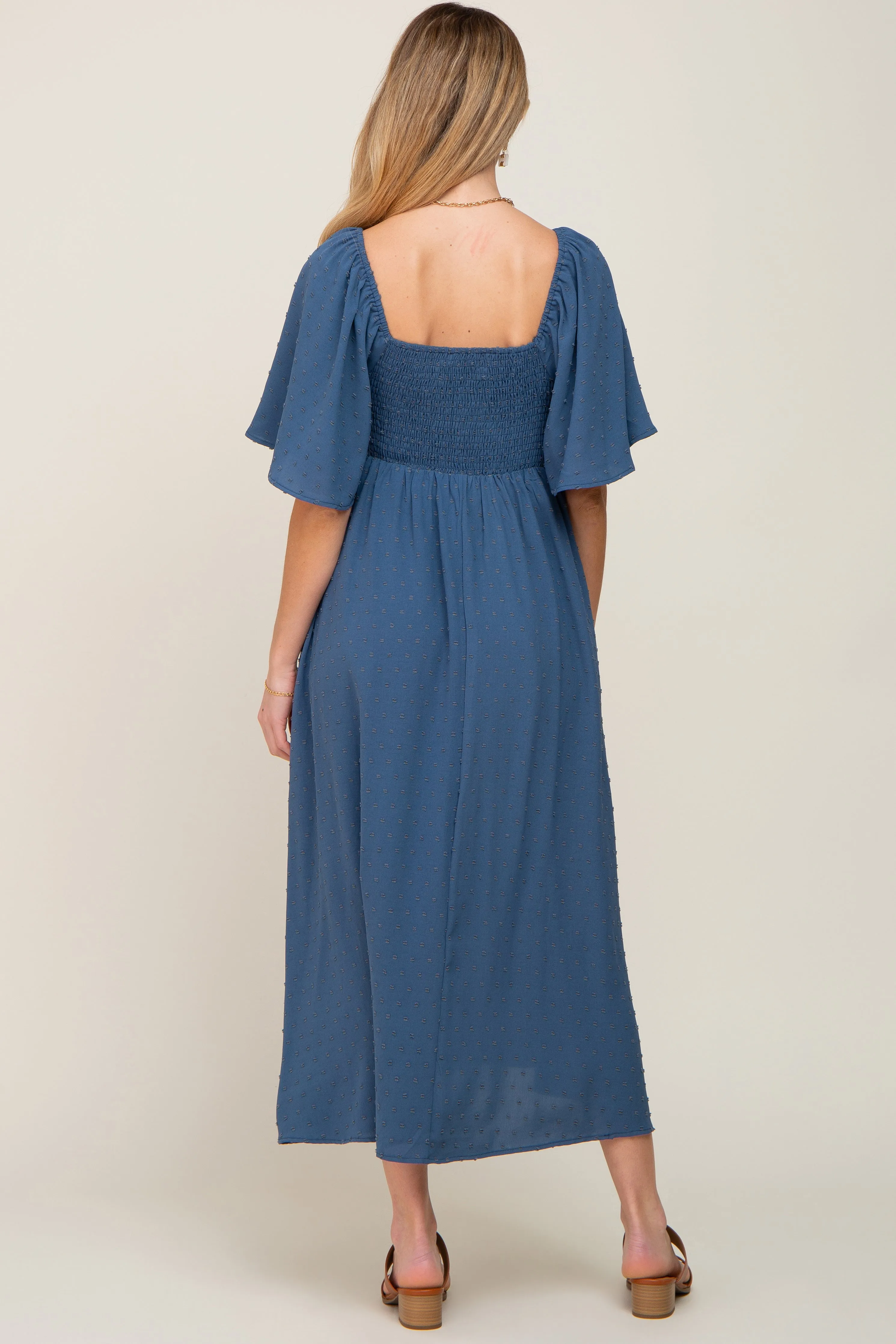 Navy Blue Textured Dot Front Tie Ruffle Sleeve Maternity Midi Dress sold by Pinkblush product image thumbnail 3