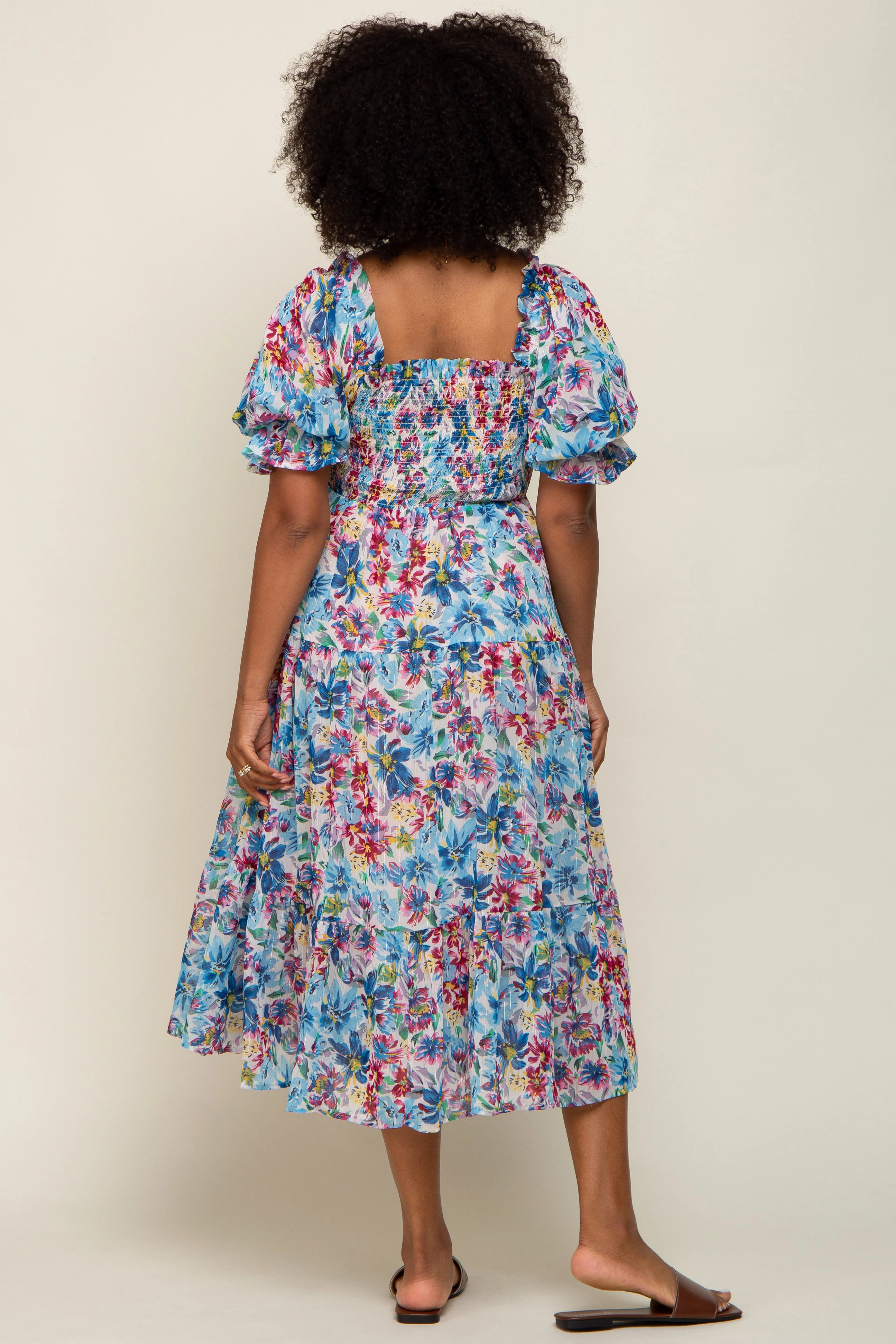 Blue Floral Shimmer Chiffon Ruffle Square Neck Smocked Midi Dress sold by Pinkblush product image thumbnail 3