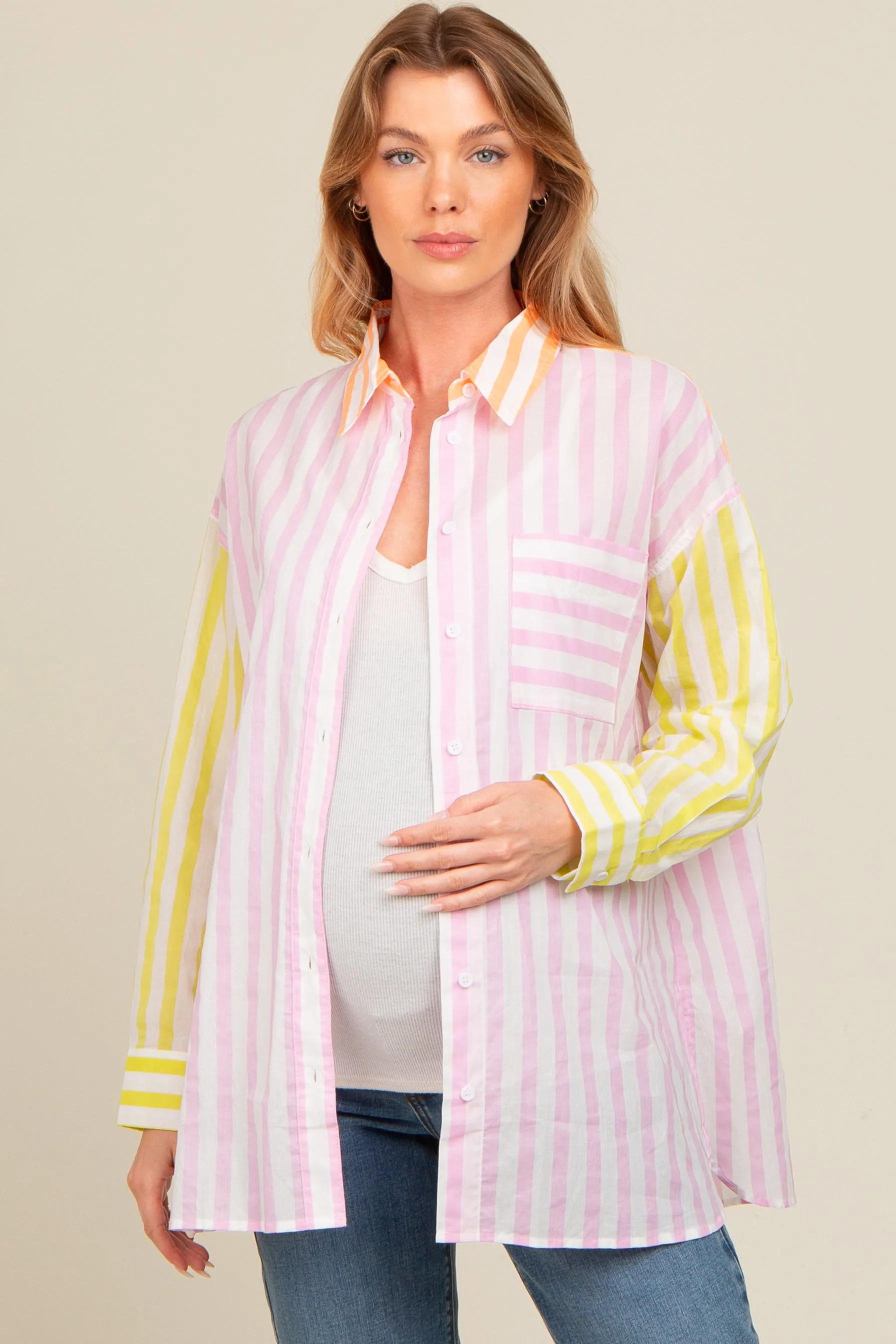 Light Pink Mixed Striped Maternity Button Down Shirt sold by Pinkblush
