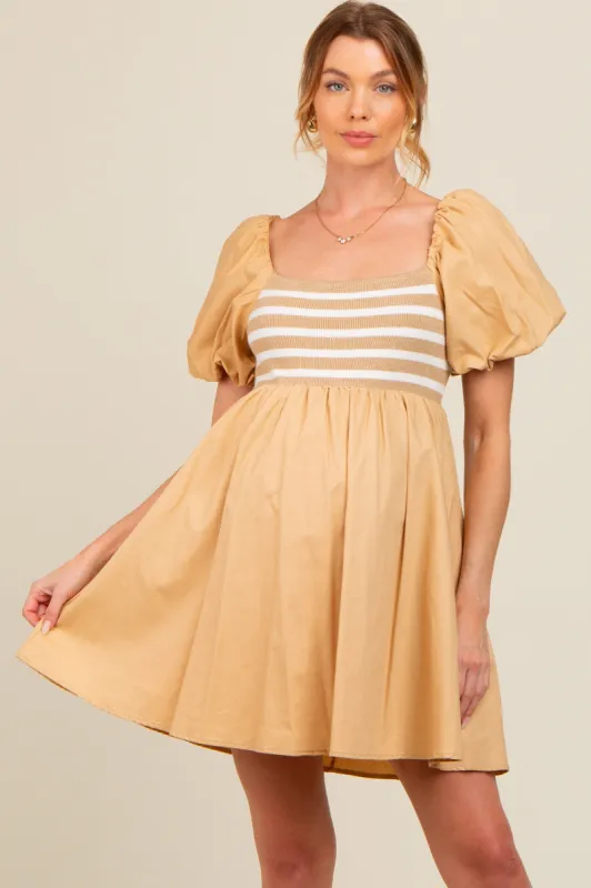 Beige Knit Contrast Poplin Maternity Dress sold by Pinkblush