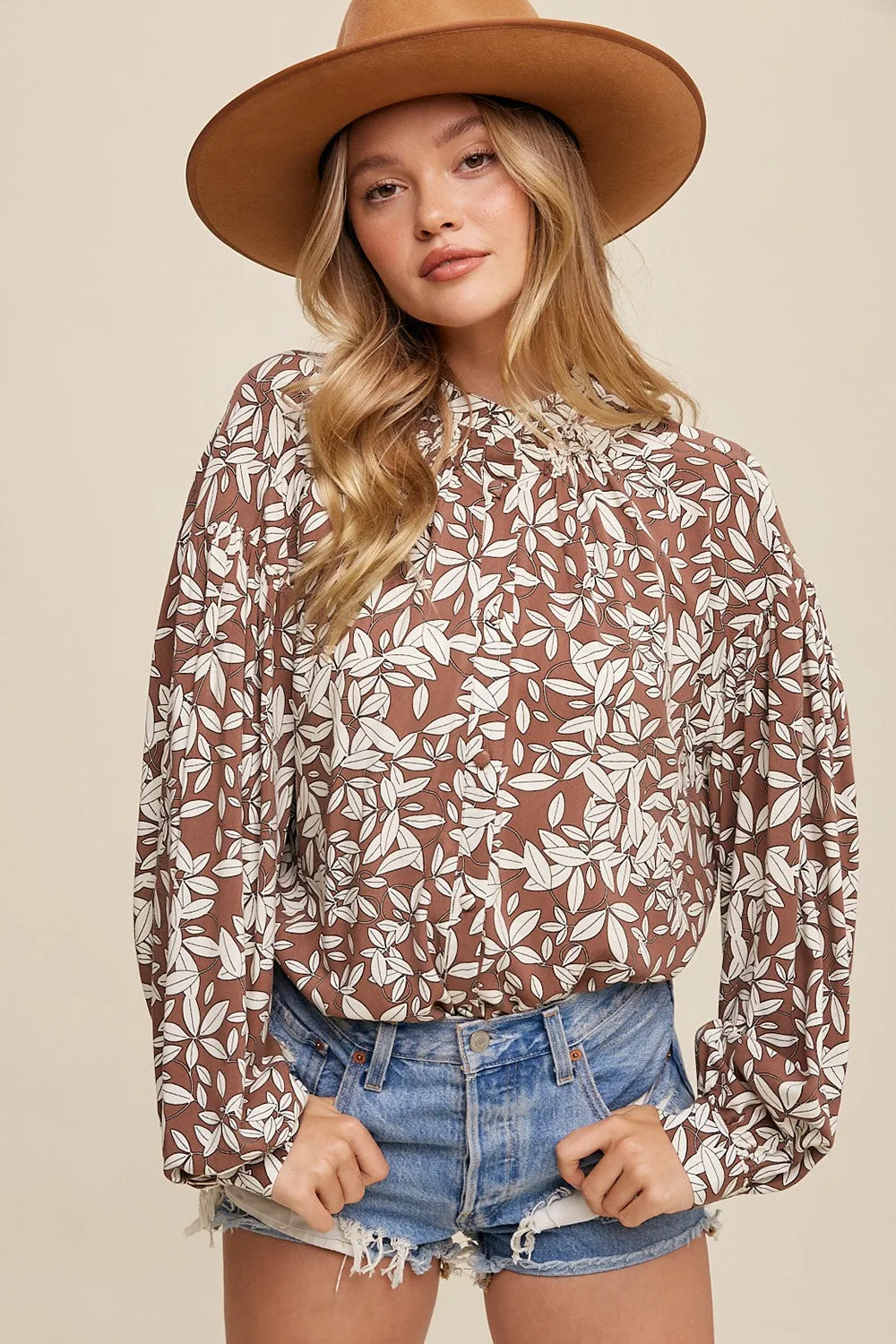 Mocha Leaf Print Button Up Top sold by Pinkblush product image thumbnail 5