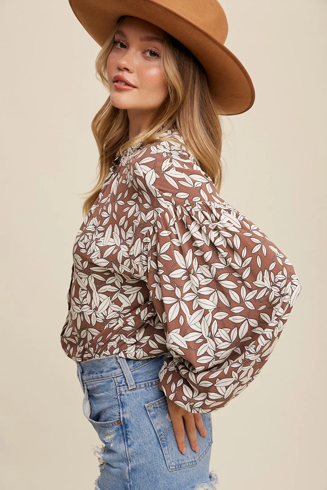 Mocha Leaf Print Button Up Top sold by Pinkblush product image thumbnail 2