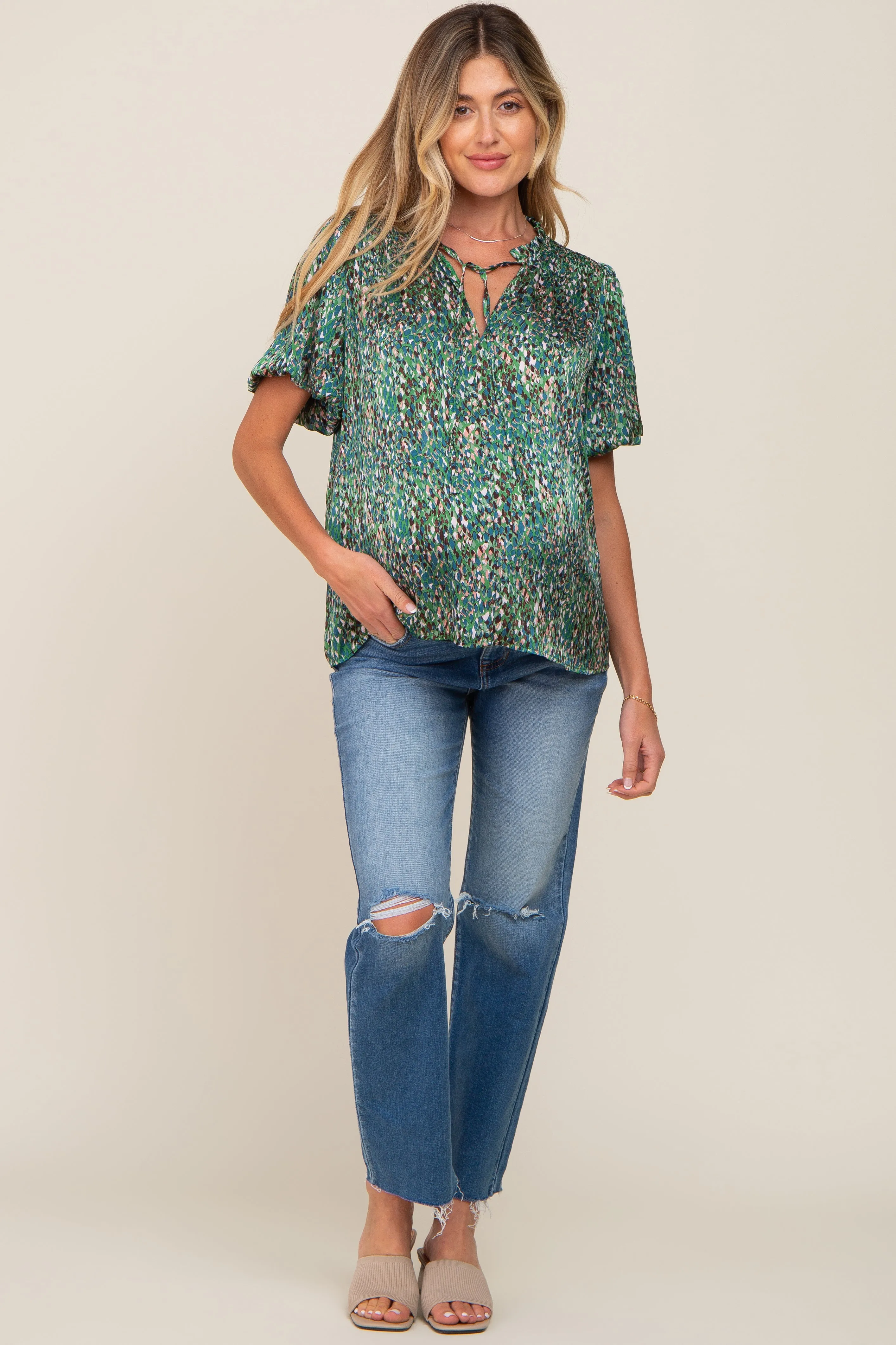 Green Printed Front Tie Puff Sleeve Maternity Blouse sold by Pinkblush product image thumbnail 4
