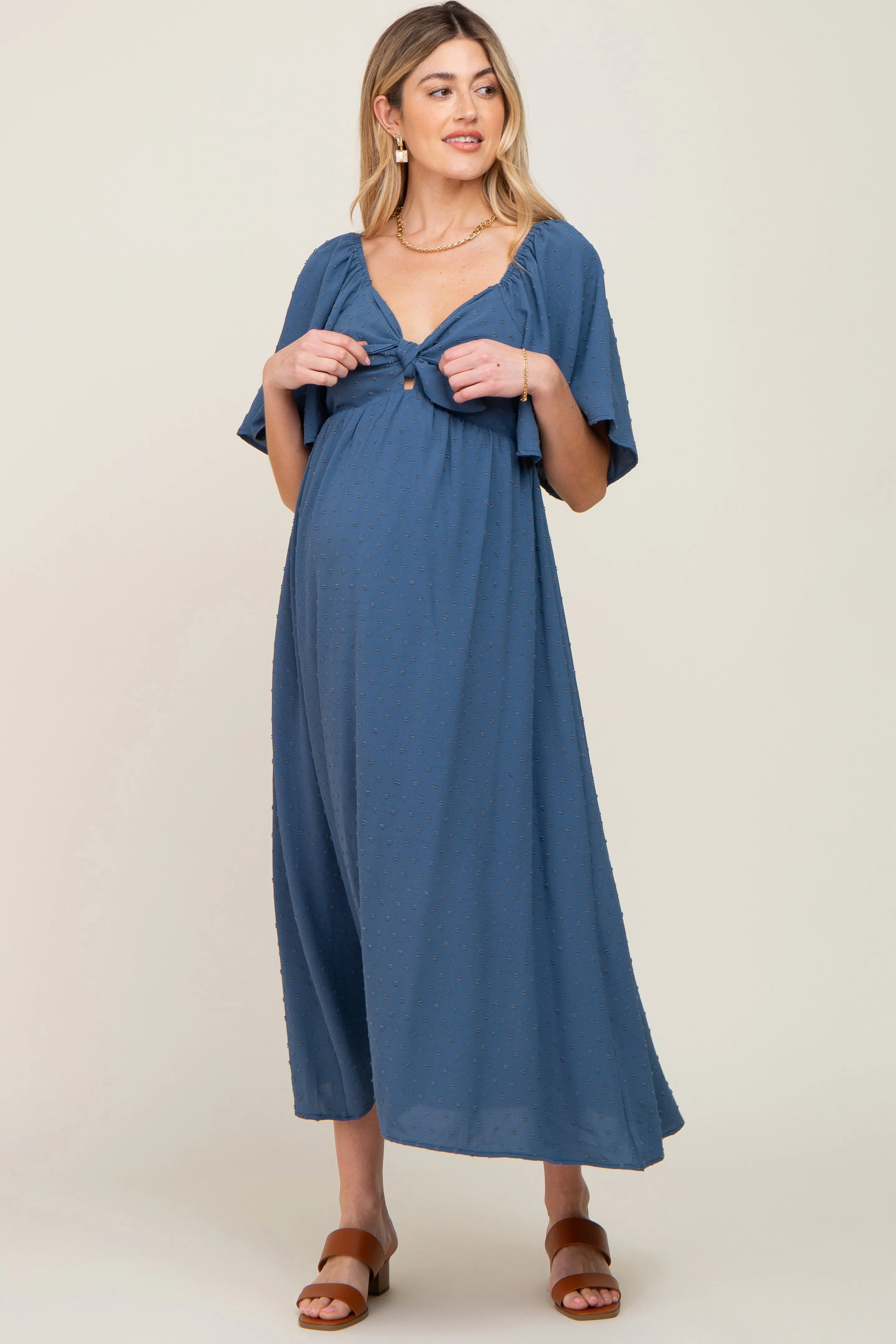 Navy Blue Textured Dot Front Tie Ruffle Sleeve Maternity Midi Dress sold by Pinkblush product image thumbnail 4