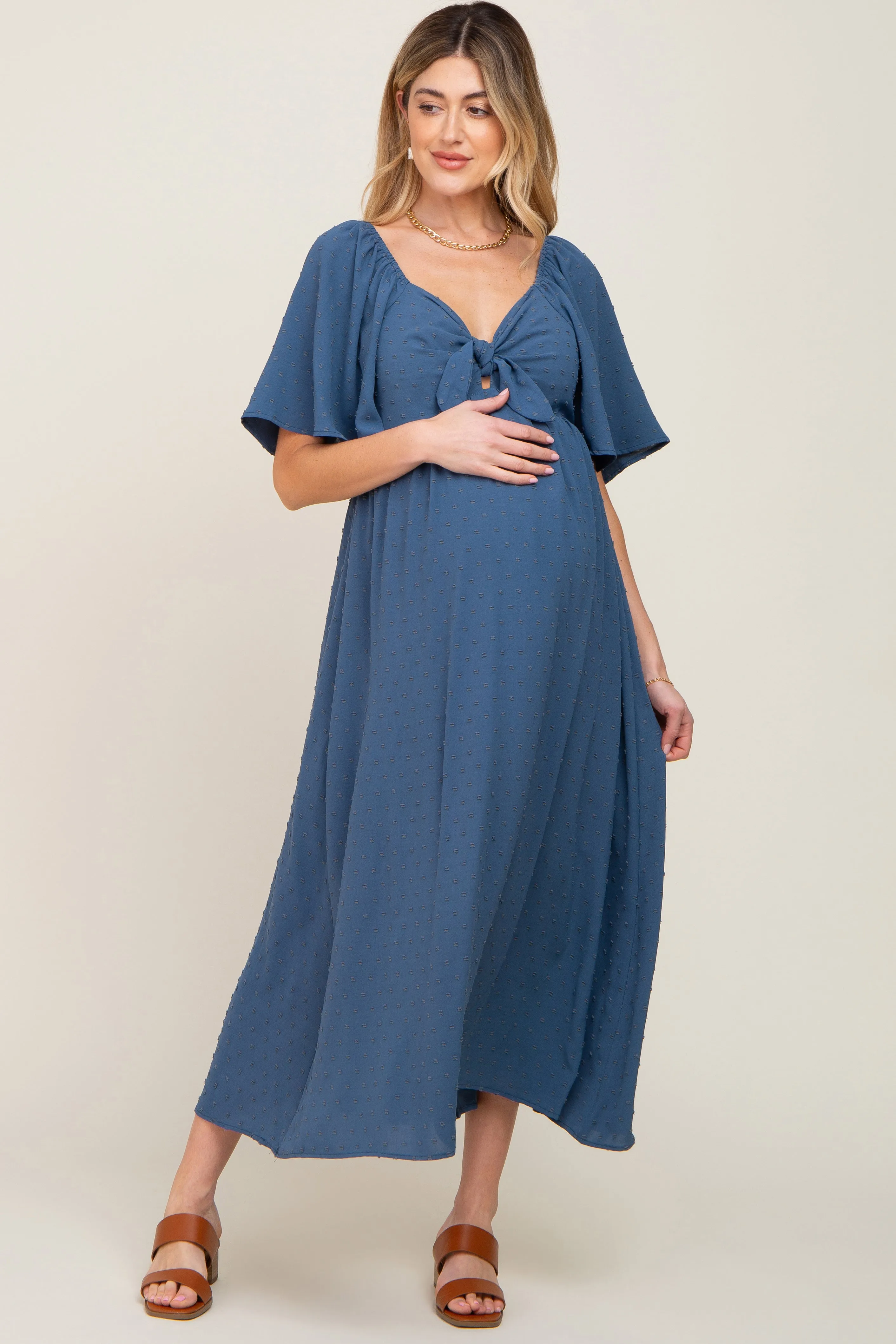 Navy Blue Textured Dot Front Tie Ruffle Sleeve Maternity Midi Dress sold by Pinkblush