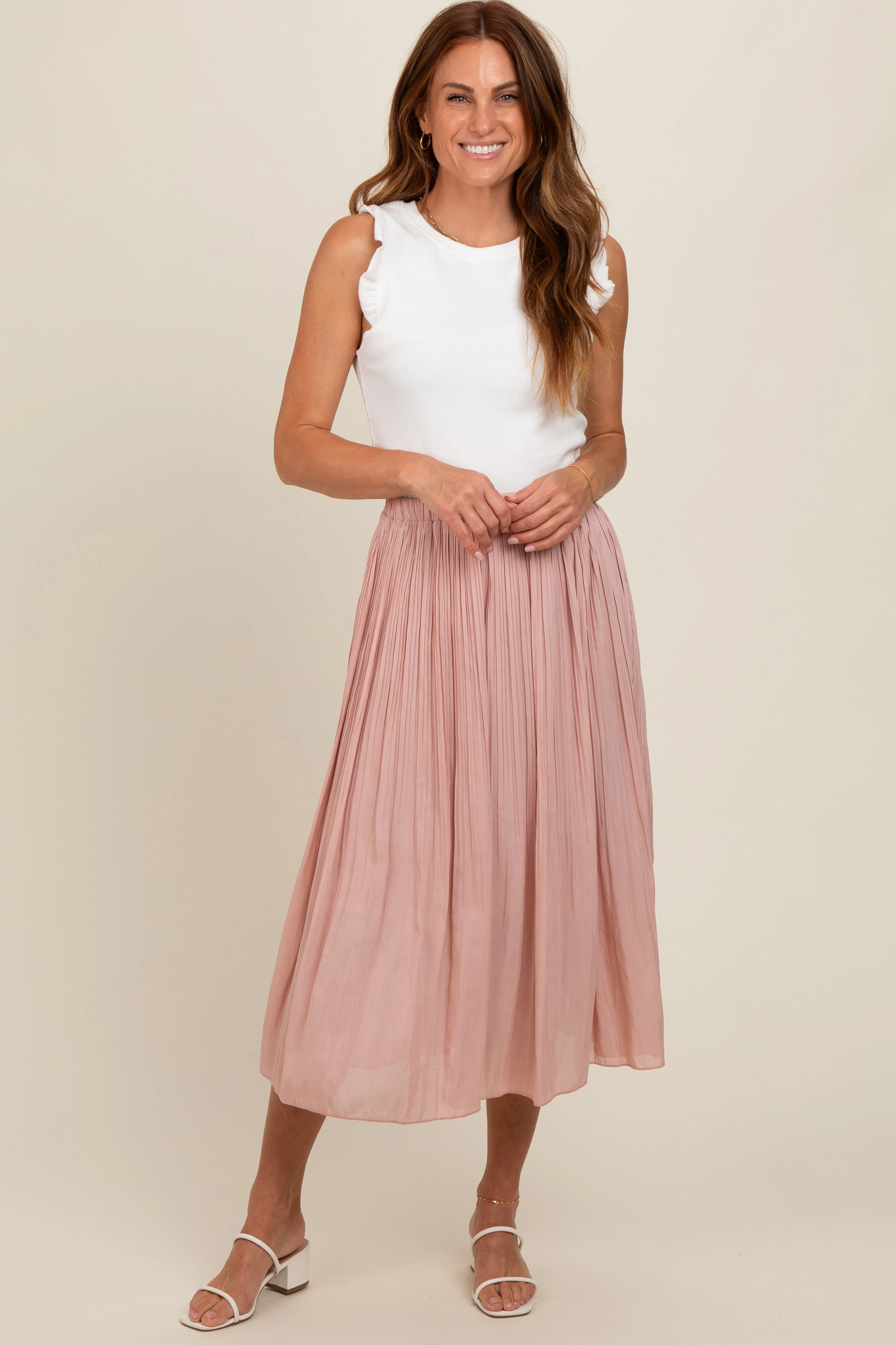 Mauve Pleated Midi Skirt sold by Pinkblush