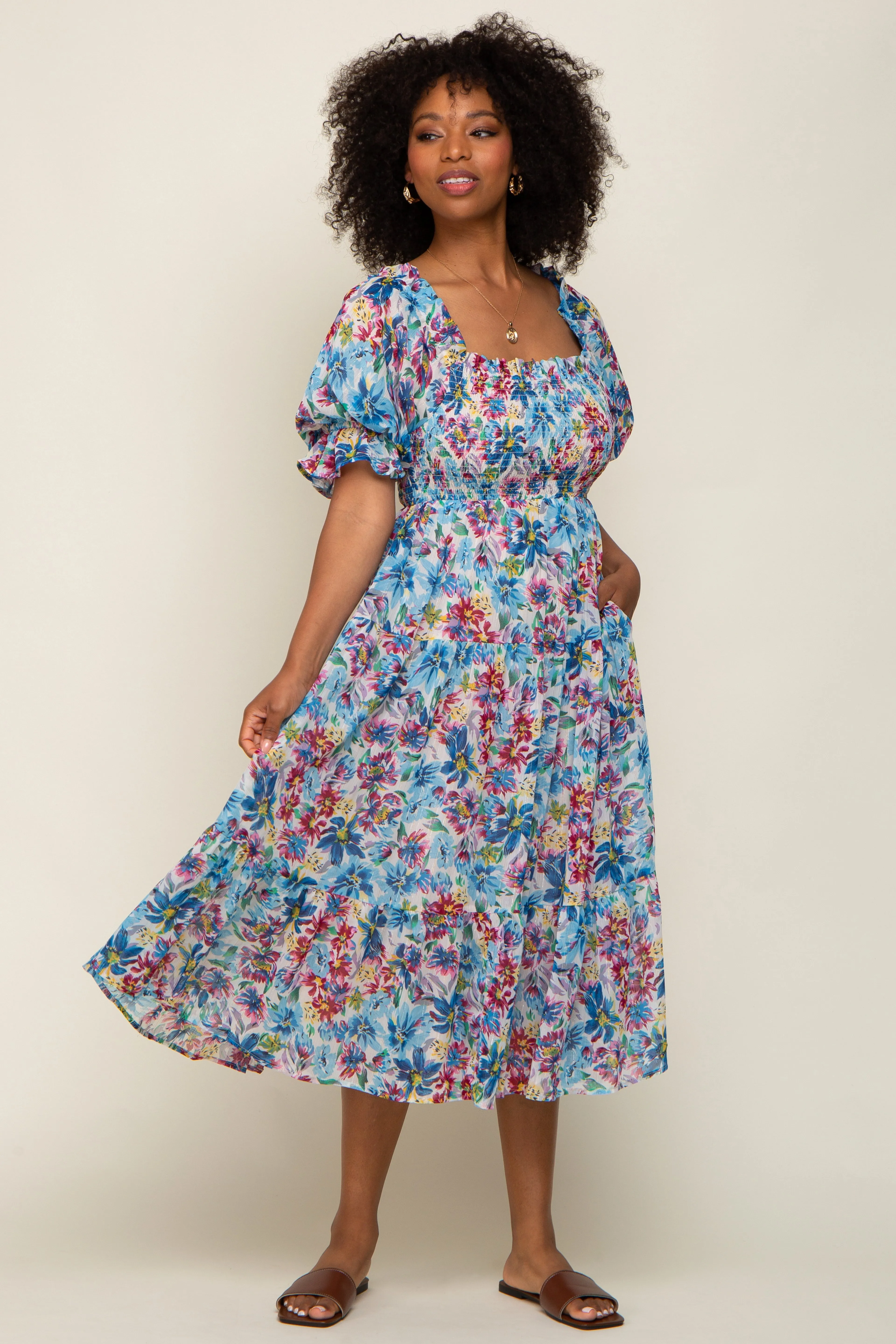 Blue Floral Shimmer Chiffon Ruffle Square Neck Smocked Midi Dress sold by Pinkblush product image thumbnail 4