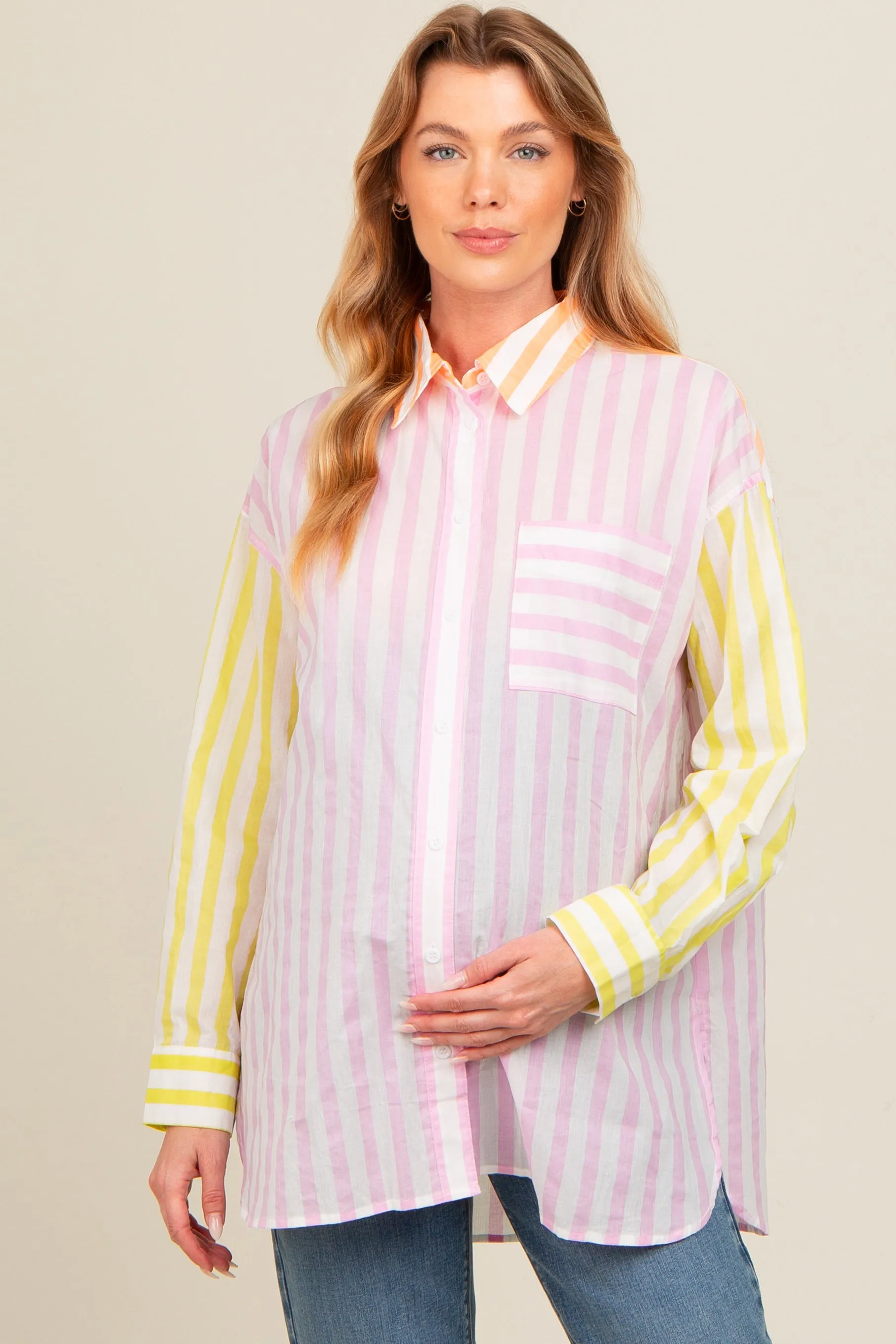 Light Pink Mixed Striped Maternity Button Down Shirt sold by Pinkblush product image thumbnail 2
