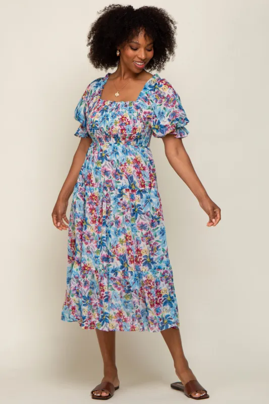 Blue Floral Shimmer Chiffon Ruffle Square Neck Smocked Midi Dress sold by Pinkblush