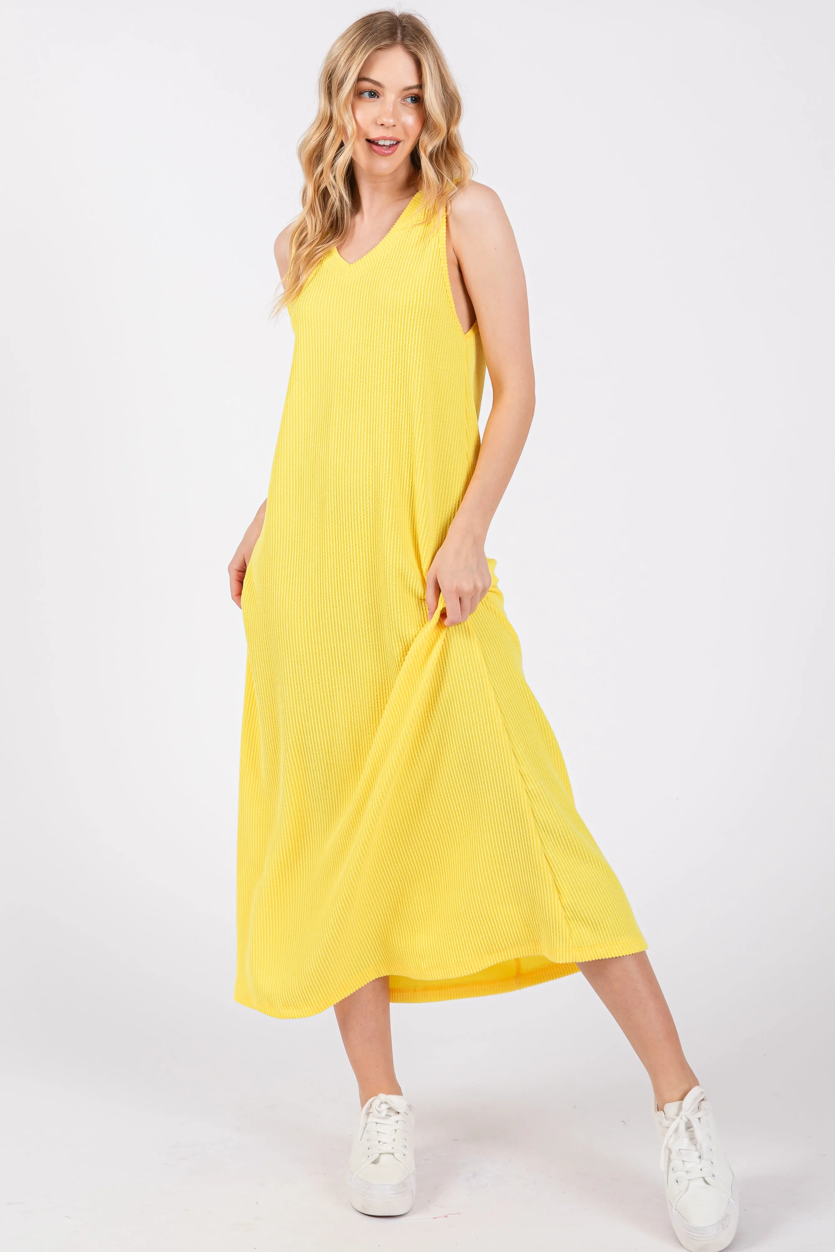 Yellow Sleeveless Ribbed Maxi Dress sold by Pinkblush