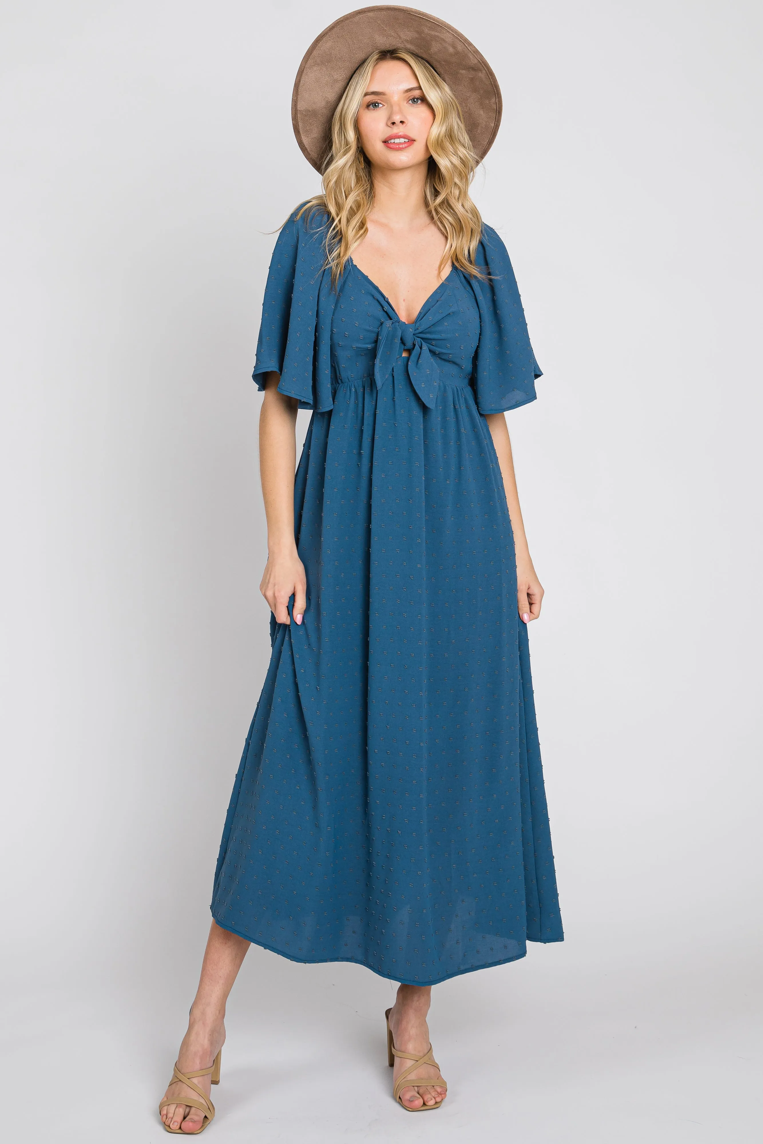 Navy Blue Textured Dot Front Tie Ruffle Sleeve Maternity Midi Dress sold by Pinkblush product image thumbnail 5