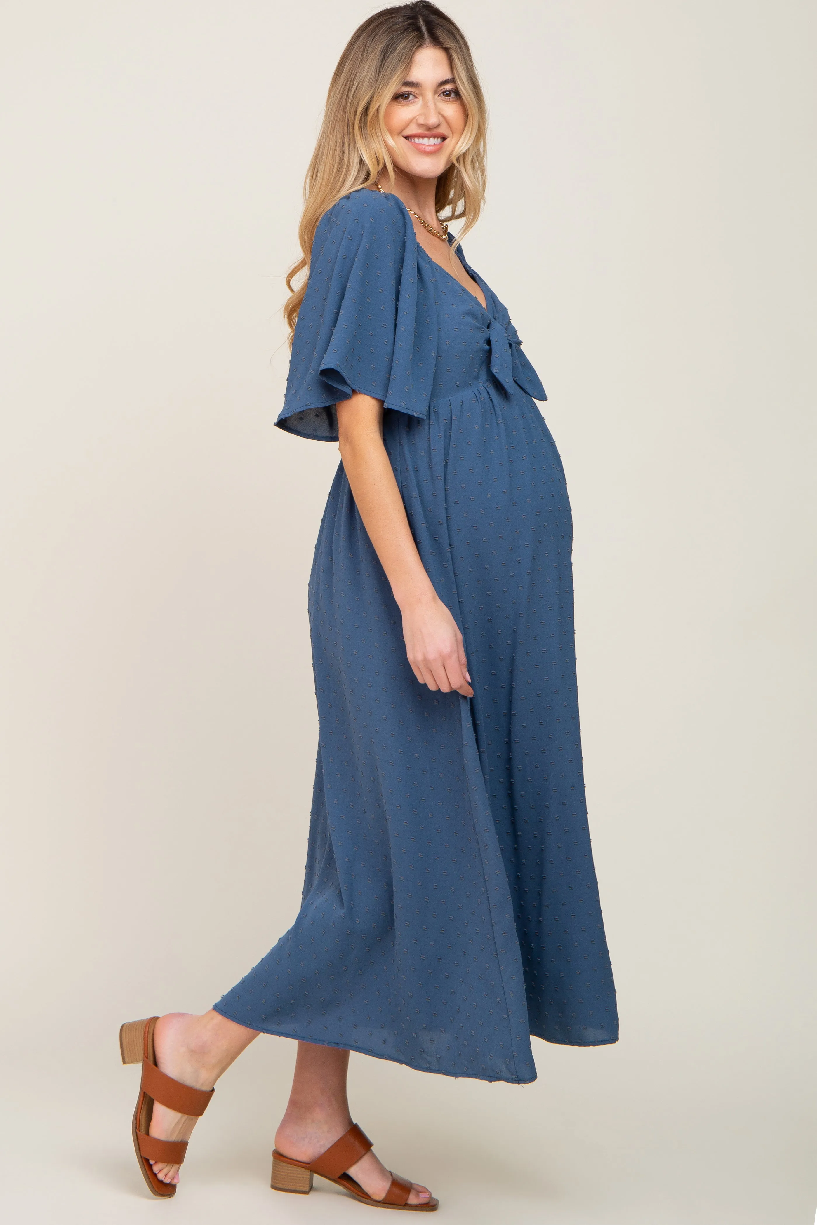 Navy Blue Textured Dot Front Tie Ruffle Sleeve Maternity Midi Dress sold by Pinkblush product image thumbnail 2