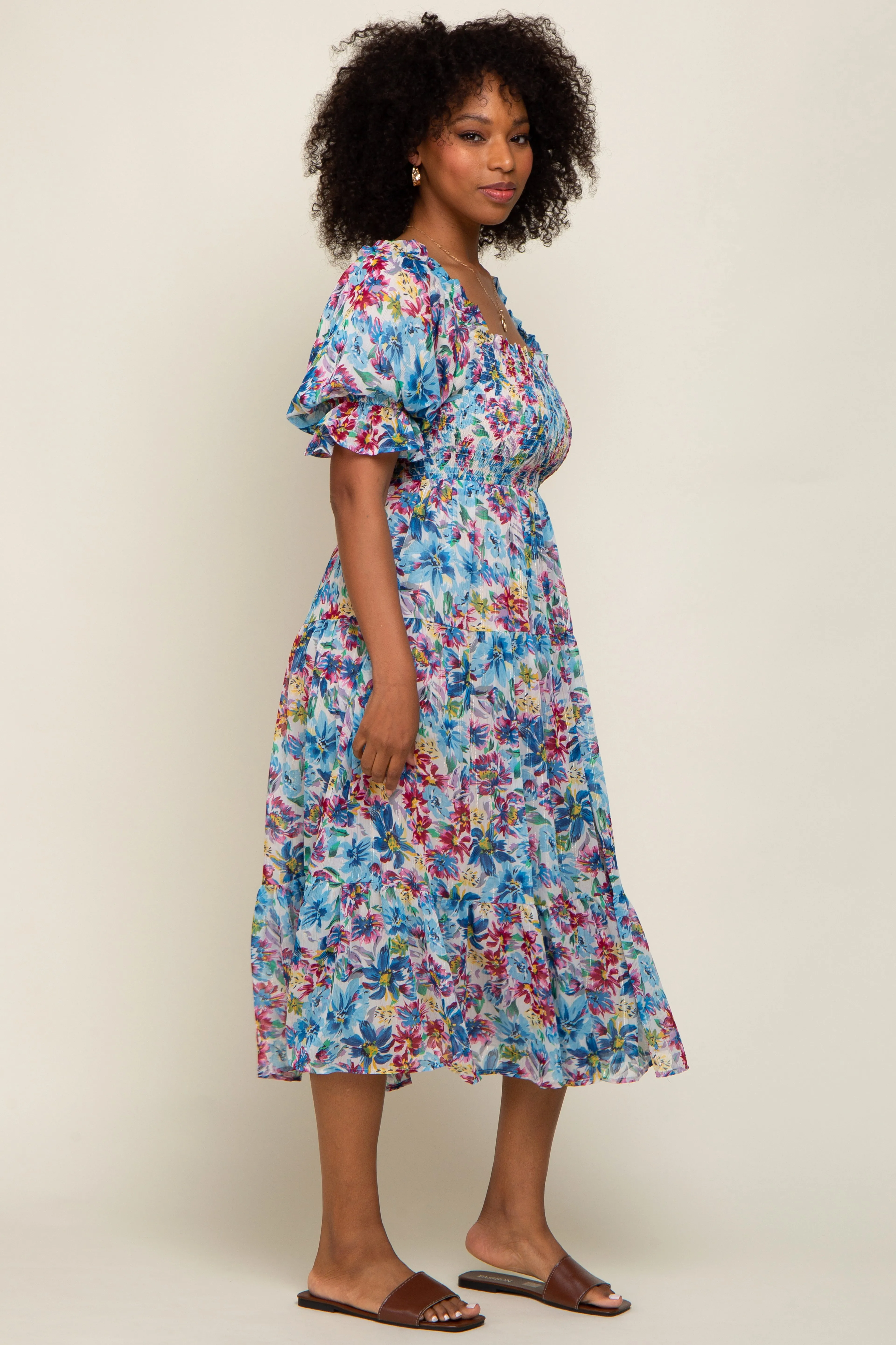 Blue Floral Shimmer Chiffon Ruffle Square Neck Smocked Midi Dress sold by Pinkblush product image thumbnail 2