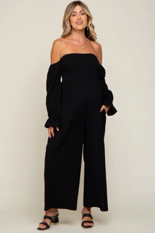 Black Linen Smocked Off Shoulder Wide Leg Maternity Jumpsuit sold by Pinkblush