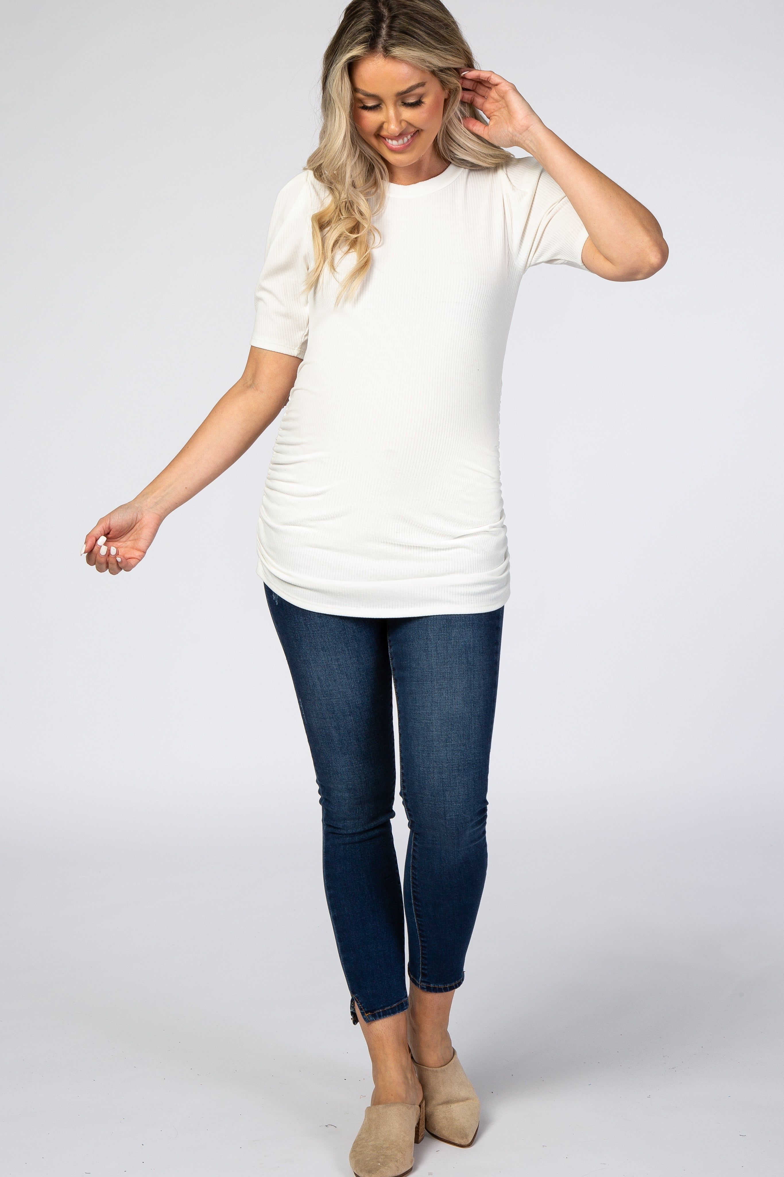 Ivory Ribbed Ruched Fitted Maternity Top sold by Pinkblush product image thumbnail 4