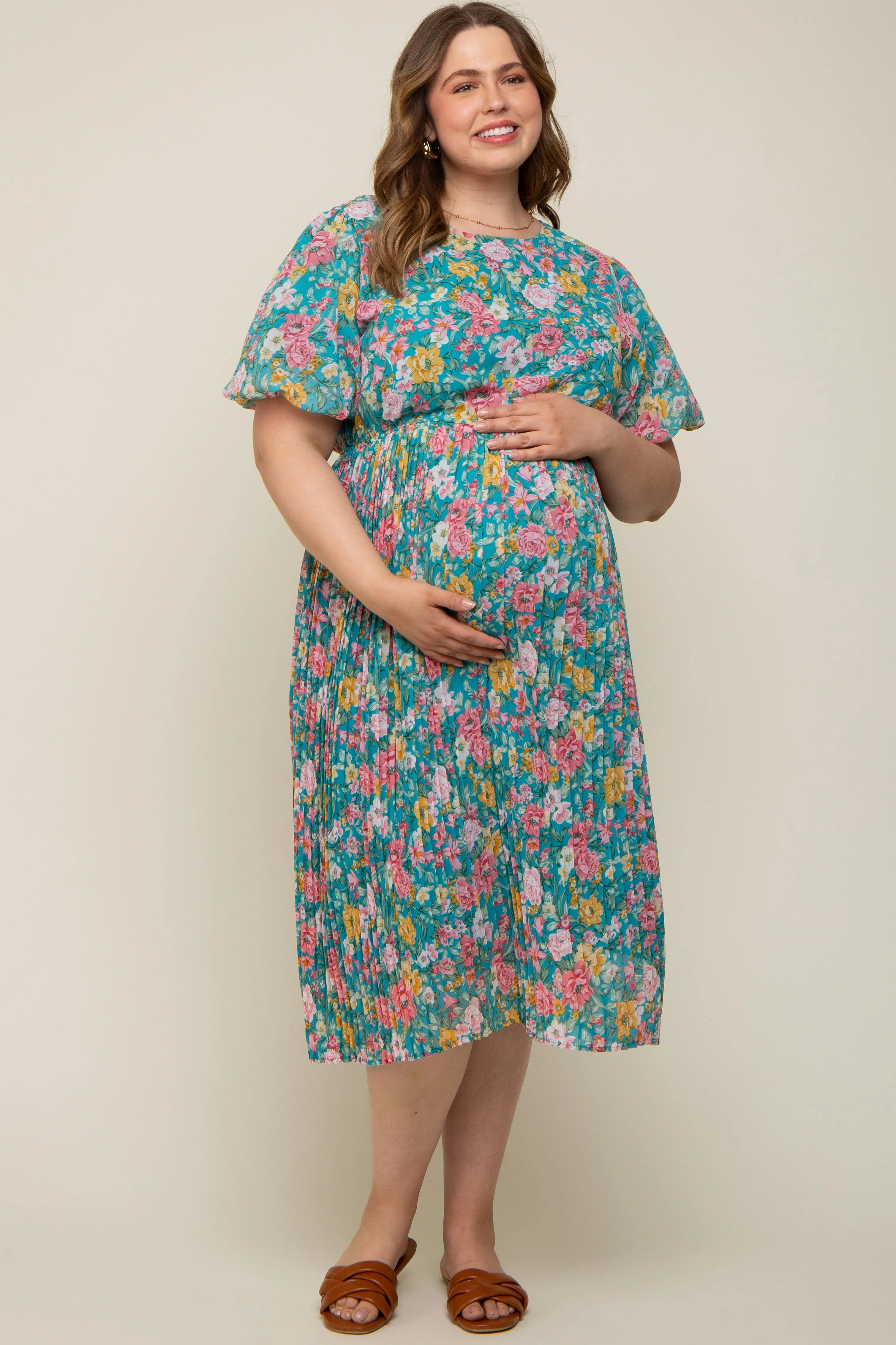 Teal Floral Pleated Maternity Plus Size Midi Dress sold by Pinkblush product image thumbnail 4