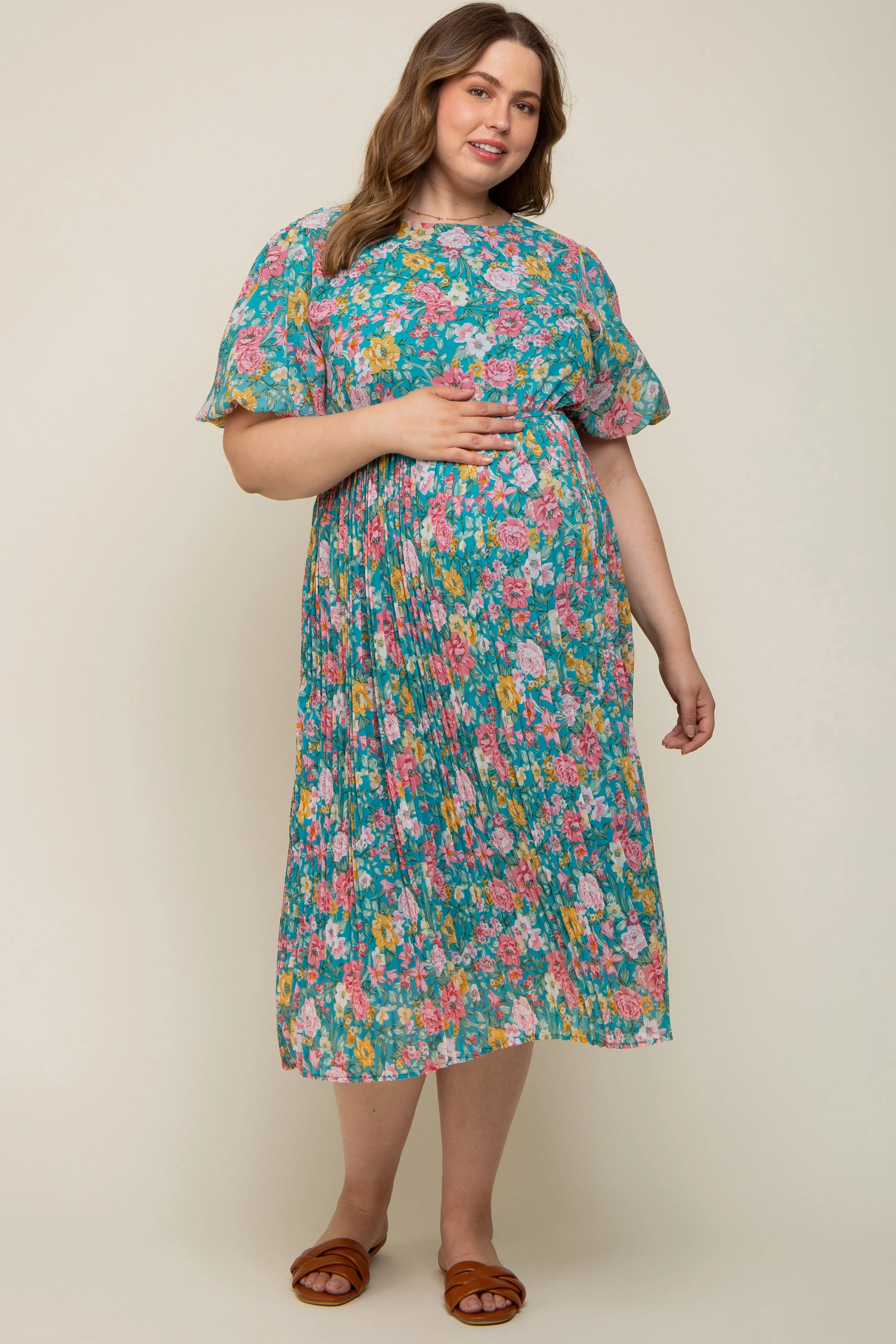 Teal Floral Pleated Maternity Plus Size Midi Dress sold by Pinkblush