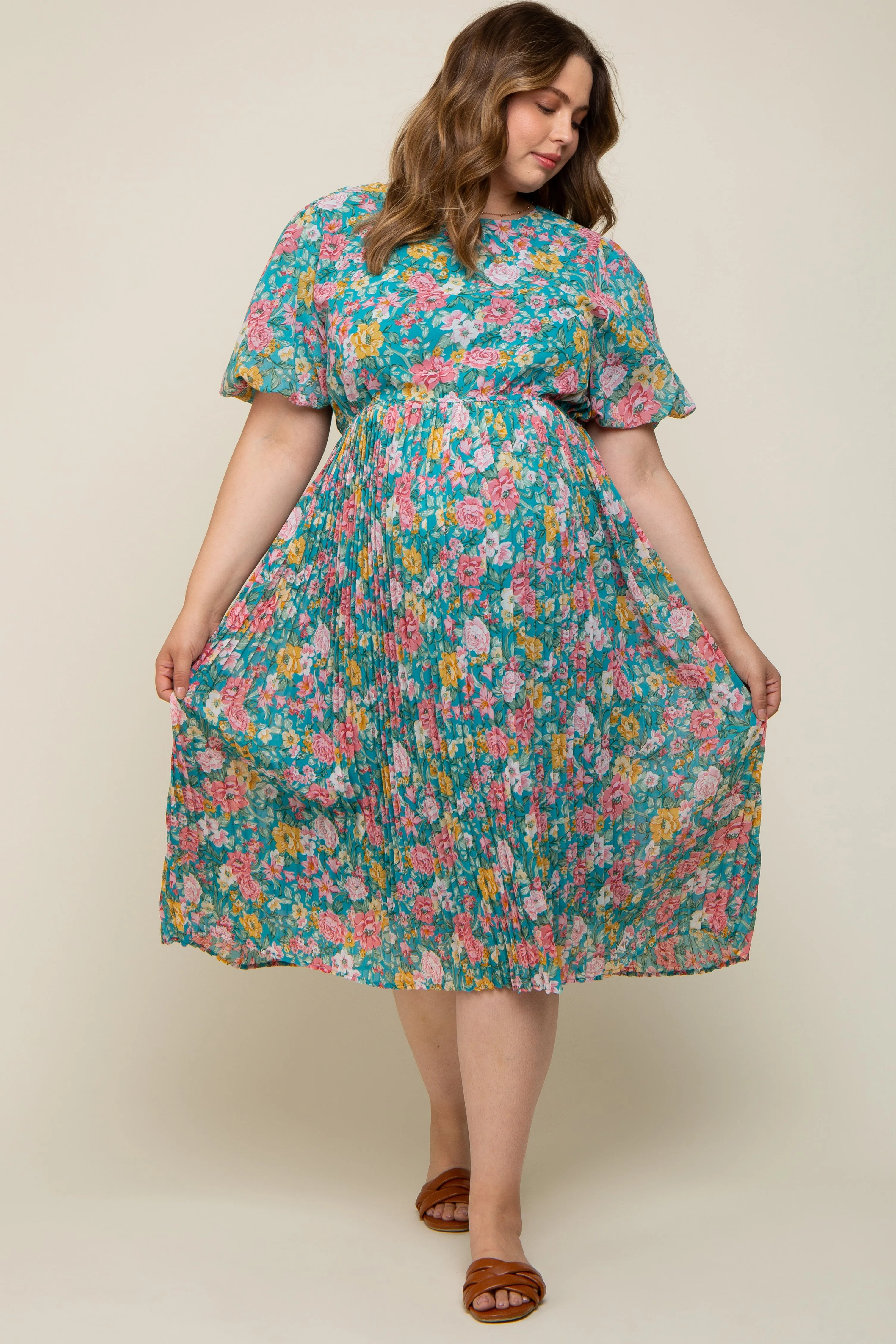 Teal Floral Pleated Maternity Plus Size Midi Dress sold by Pinkblush product image thumbnail 5