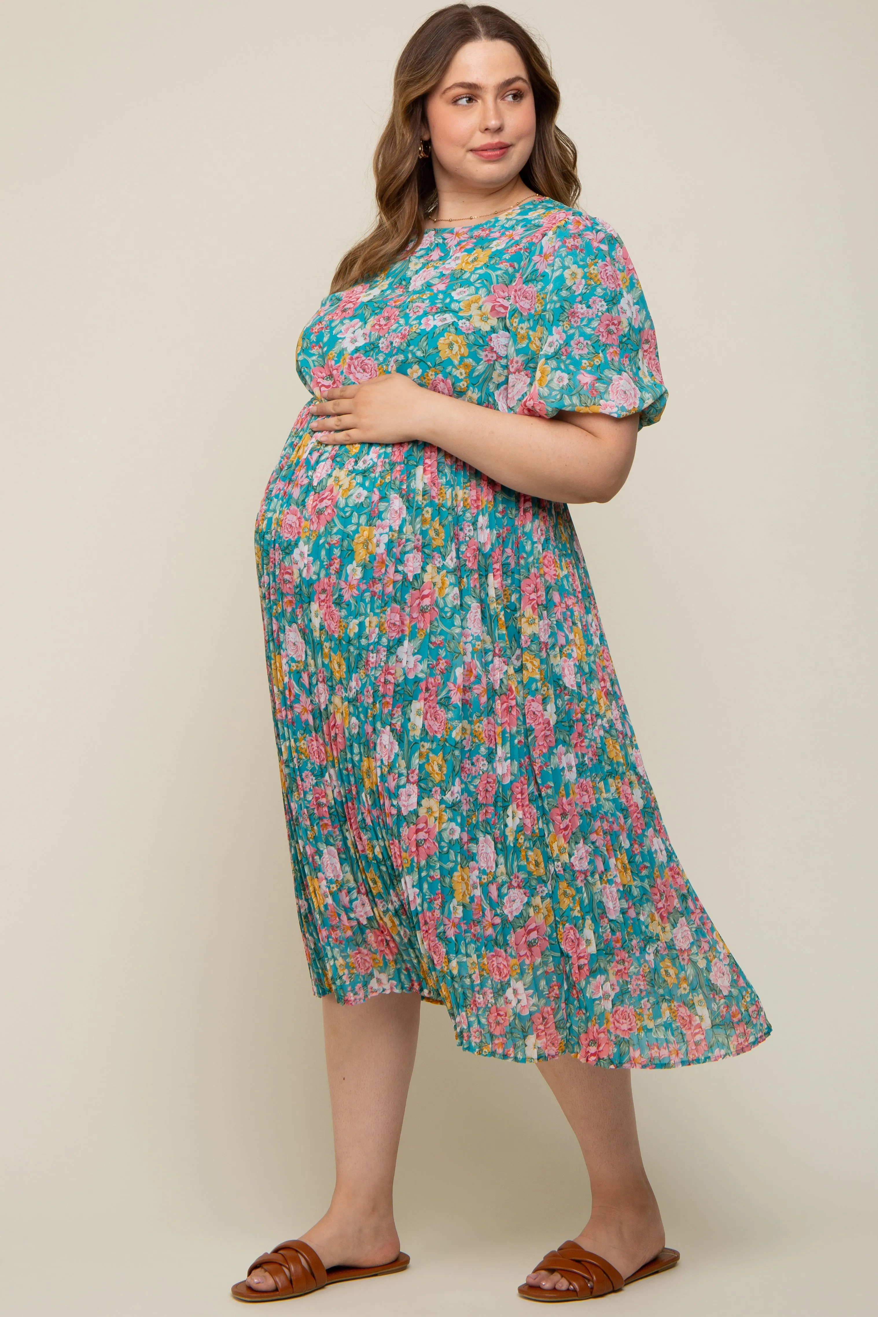 Teal Floral Pleated Maternity Plus Size Midi Dress sold by Pinkblush product image thumbnail 2