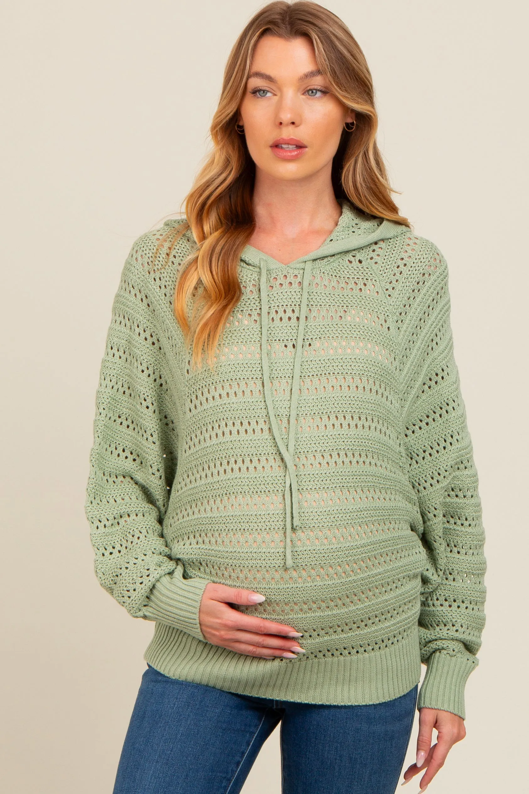 Light Olive Pointelle Knit Maternity Sweater sold by Pinkblush