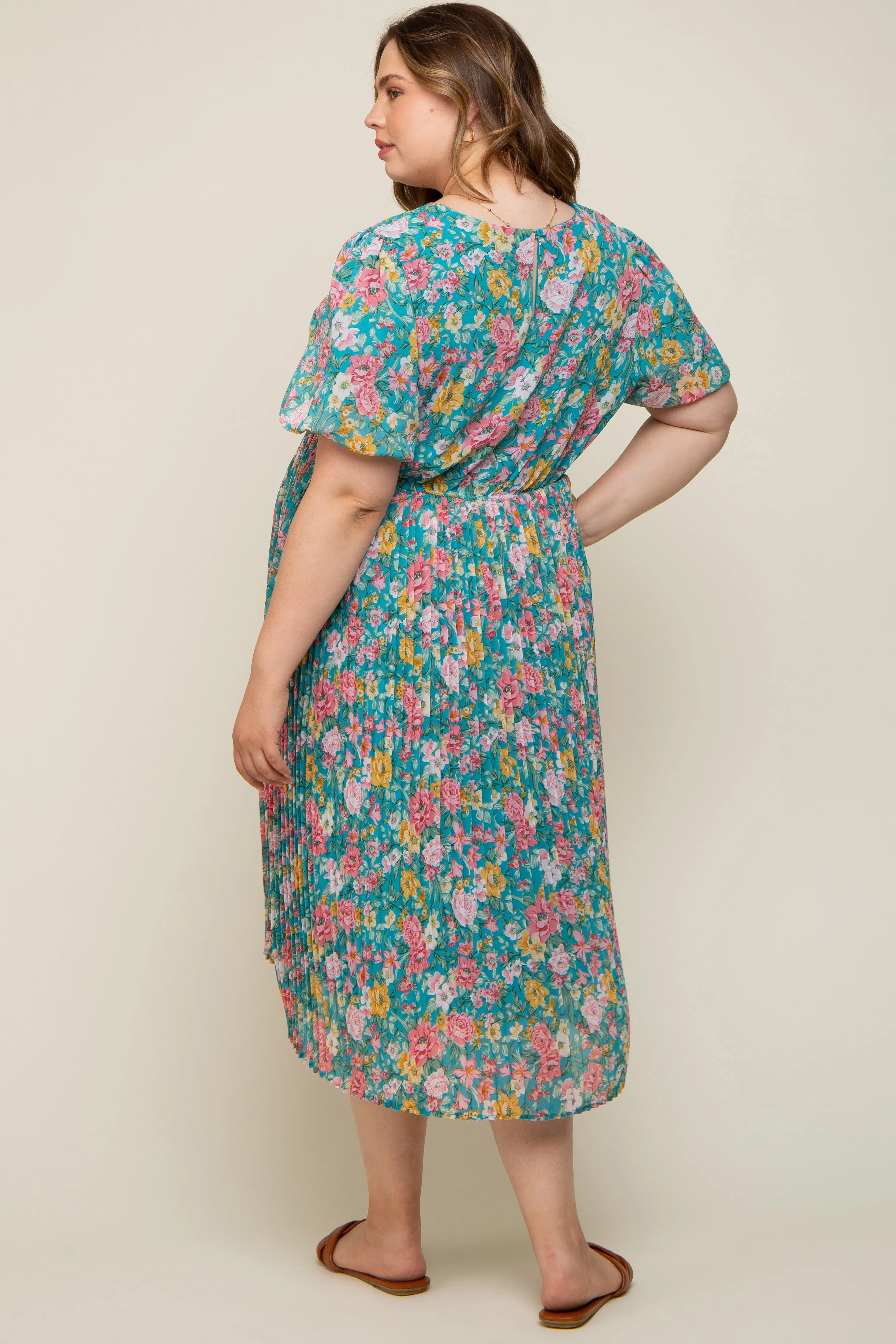 Teal Floral Pleated Maternity Plus Size Midi Dress sold by Pinkblush product image thumbnail 3