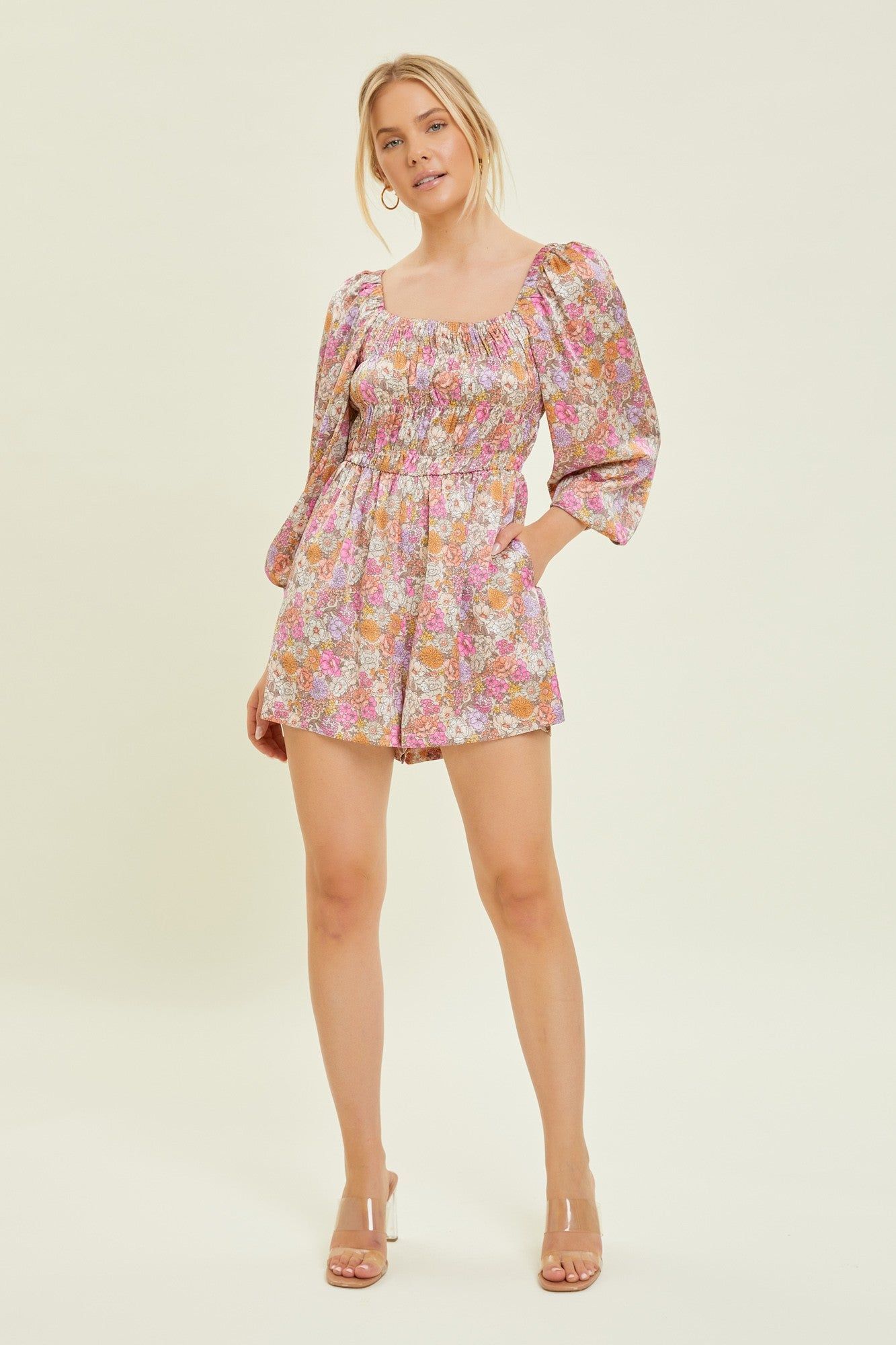 Taupe Multi Floral Print Smocked Bodice Romper sold by Pinkblush product image thumbnail 2