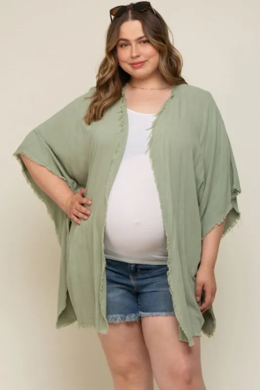 Light Olive Fringe Maternity Plus Dolman Sleeve Cover Up sold by Pinkblush