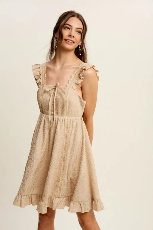 Taupe Pleated Feminine Ruffle Woven Mini Dress sold by Pinkblush