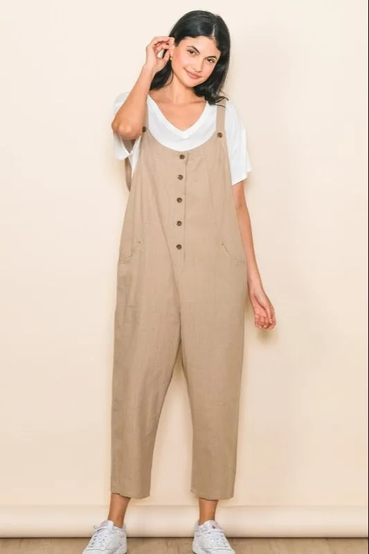 Taupe Button Down Cropped Jumpsuit sold by Pinkblush