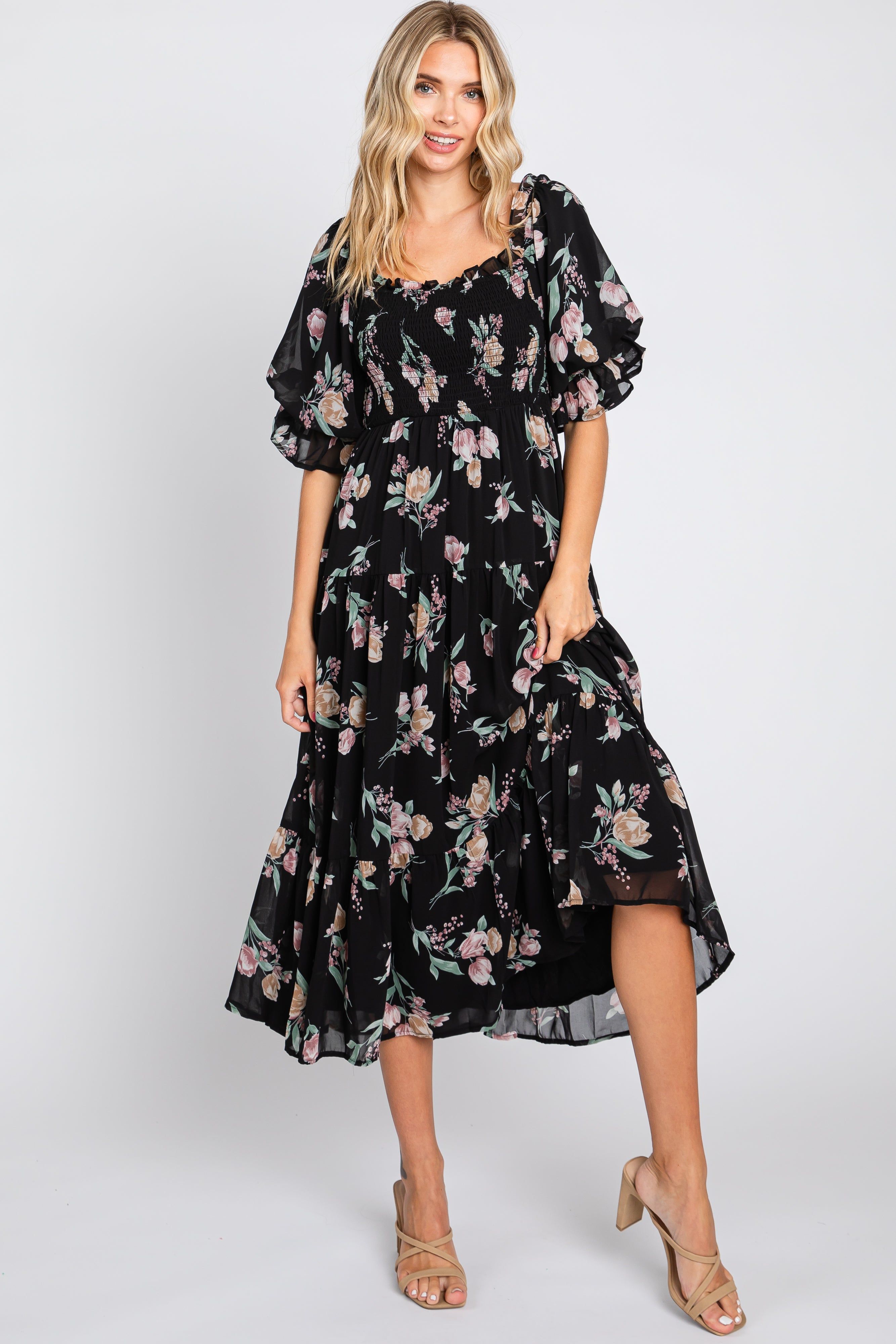 Black Floral Chiffon Ruffle Square Neck Smocked Midi Dress sold by Pinkblush